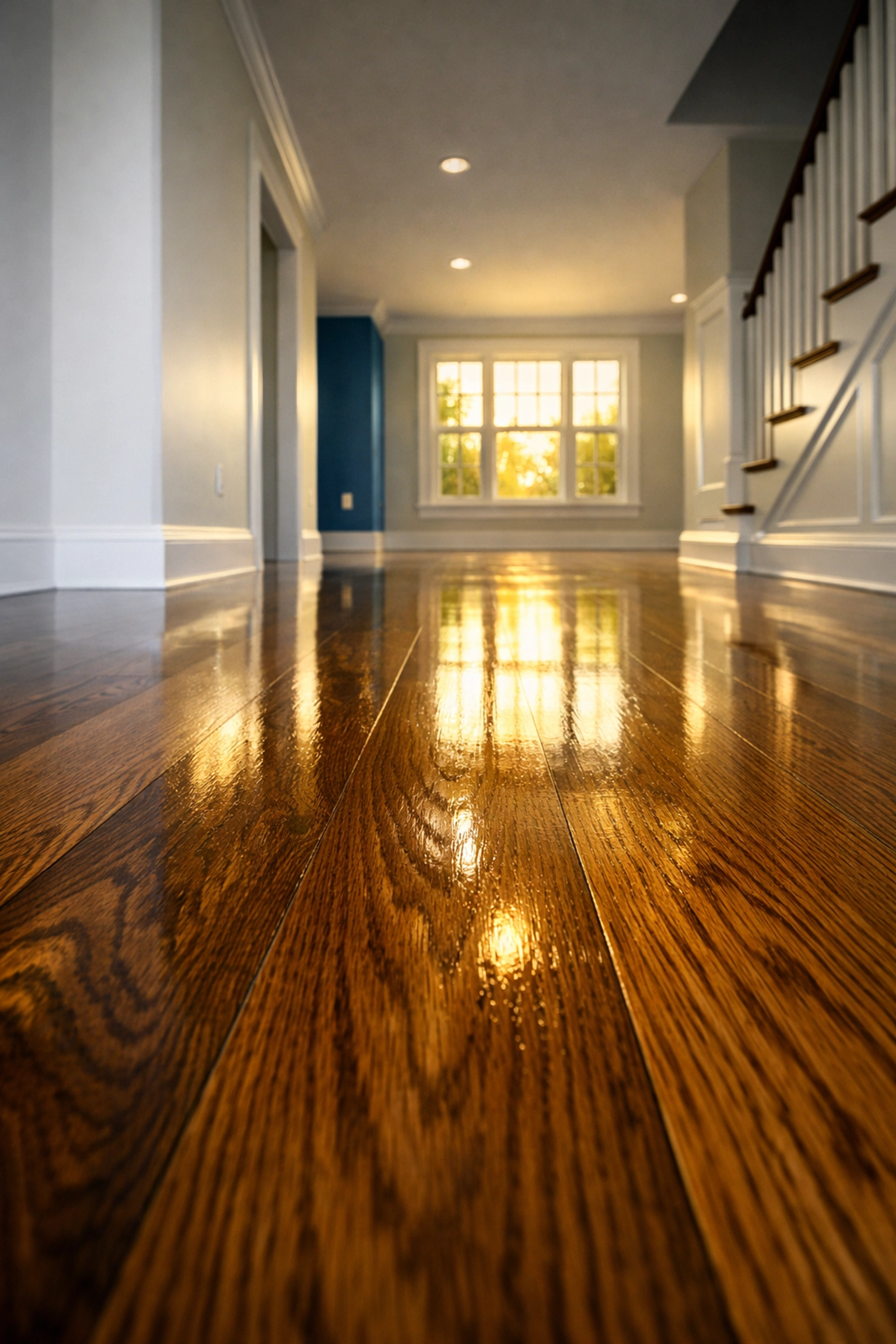 Polished oak hardwood floors in a Massachusetts home showcasing the results of an eco-friendly Boston move-out cleaning.