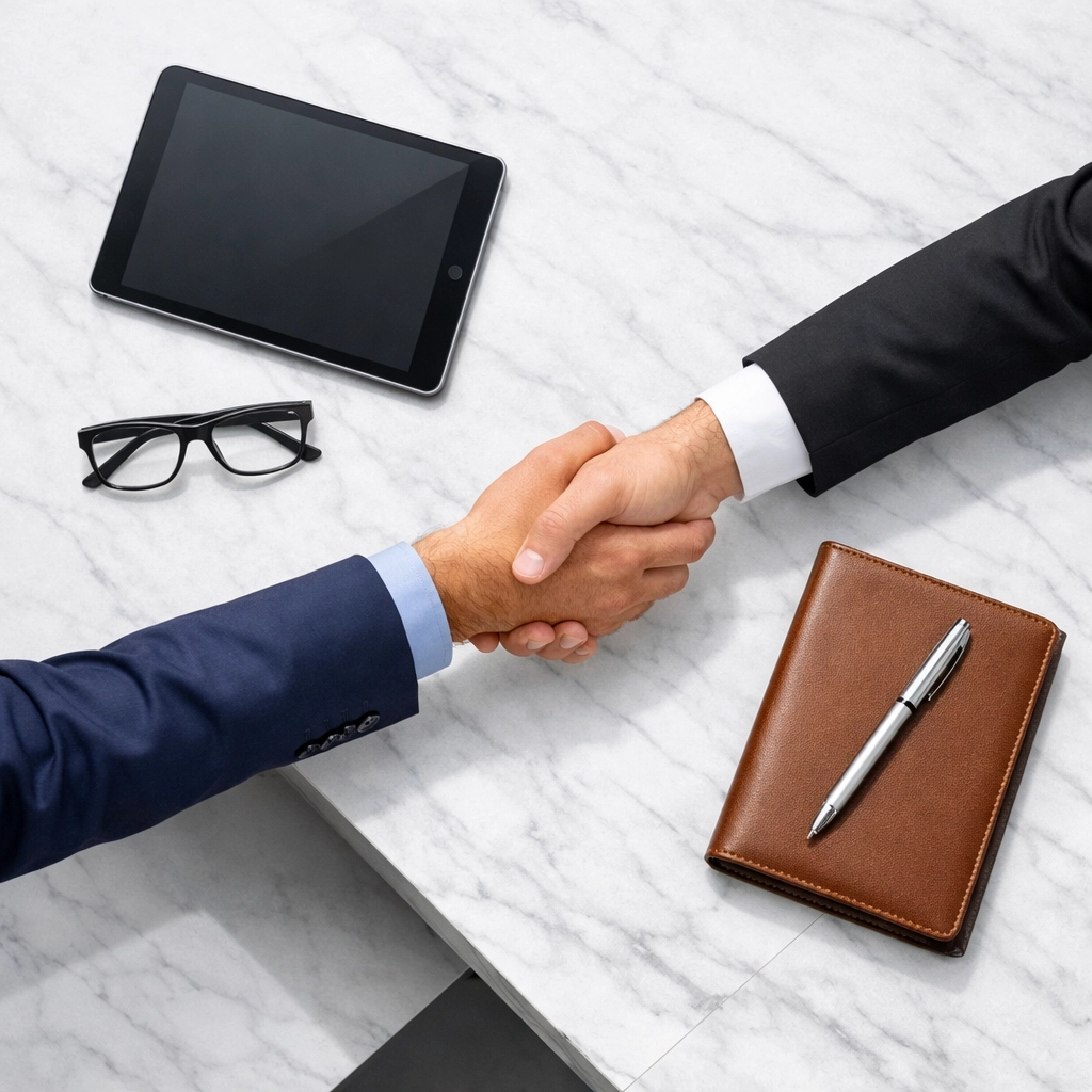 Business leader and ServiceNow consulting partner shaking hands to begin a strategic implementation.