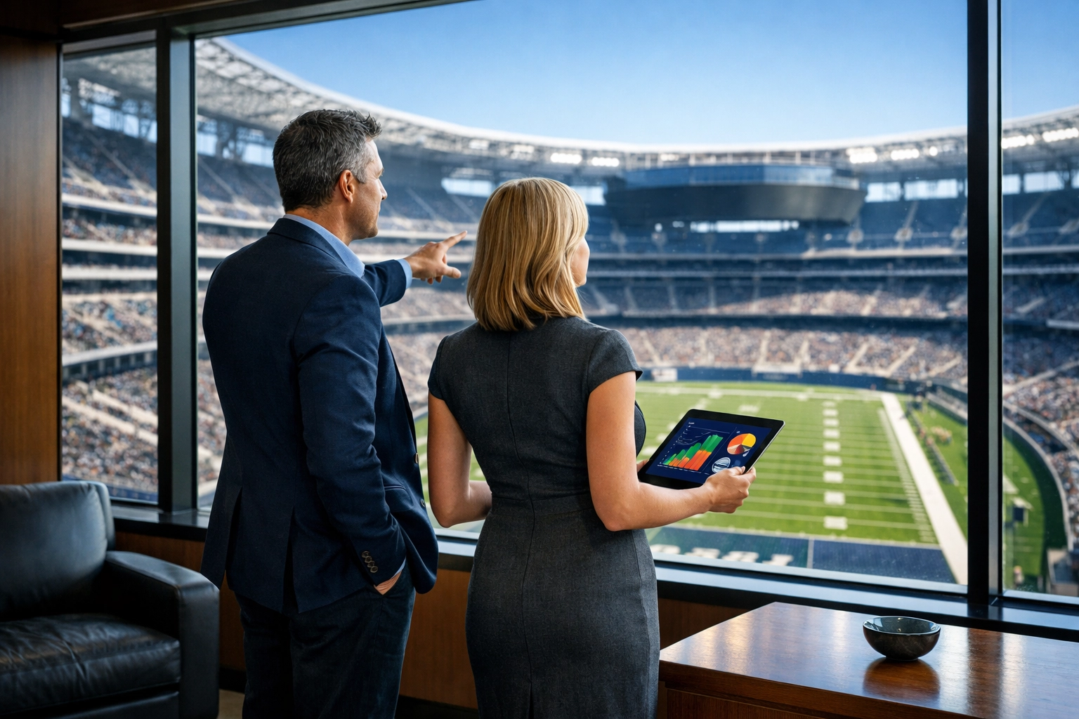 Business consultants reviewing sports marketing data in a luxury stadium suite for entertainment ventures.