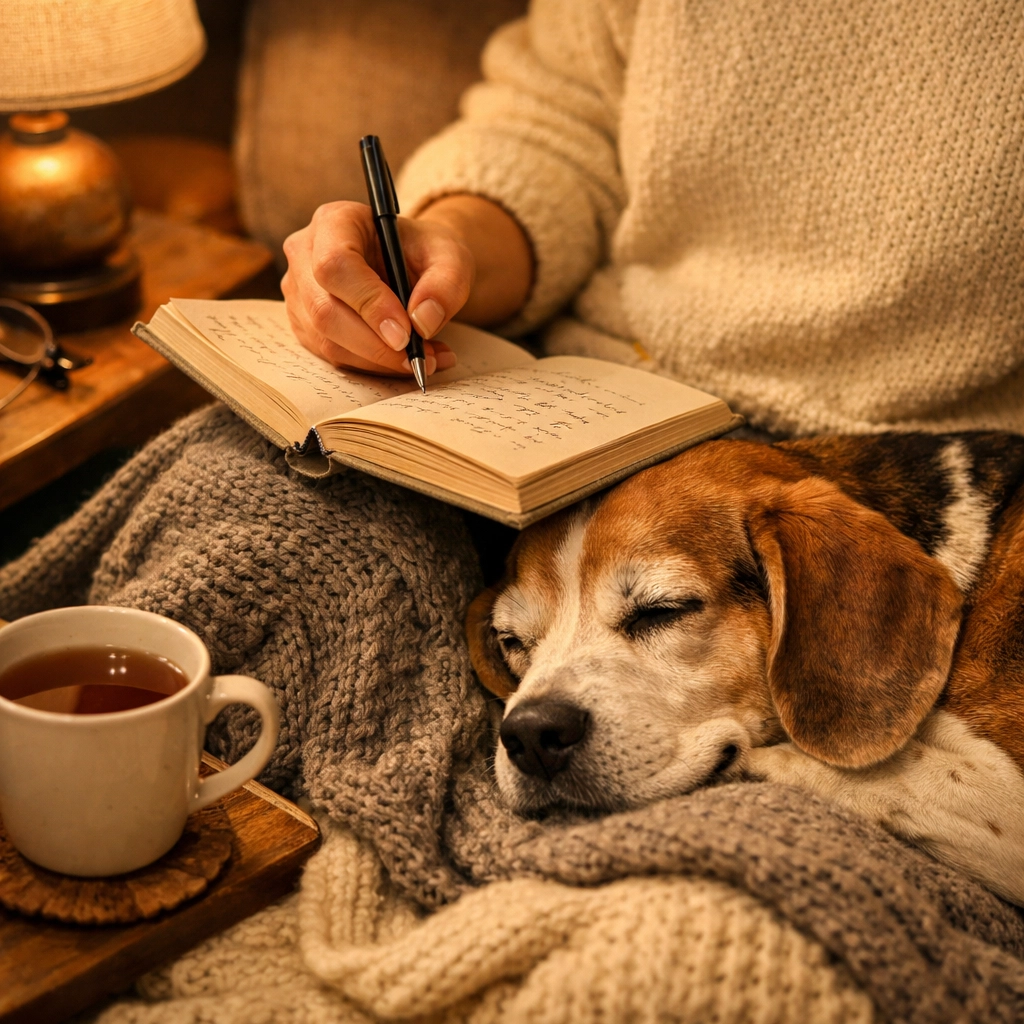 A pet owner writing in a dog memory journal while cuddling their Beagle to honor their special bond.