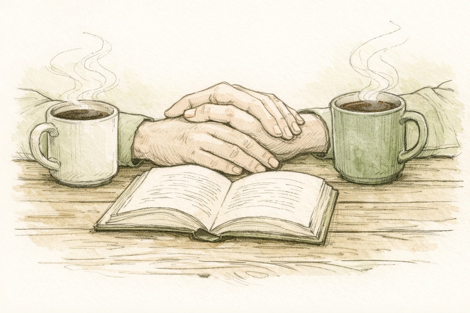 Close-up of two men’s hands by an open book and coffee, reflecting queer self-care and support