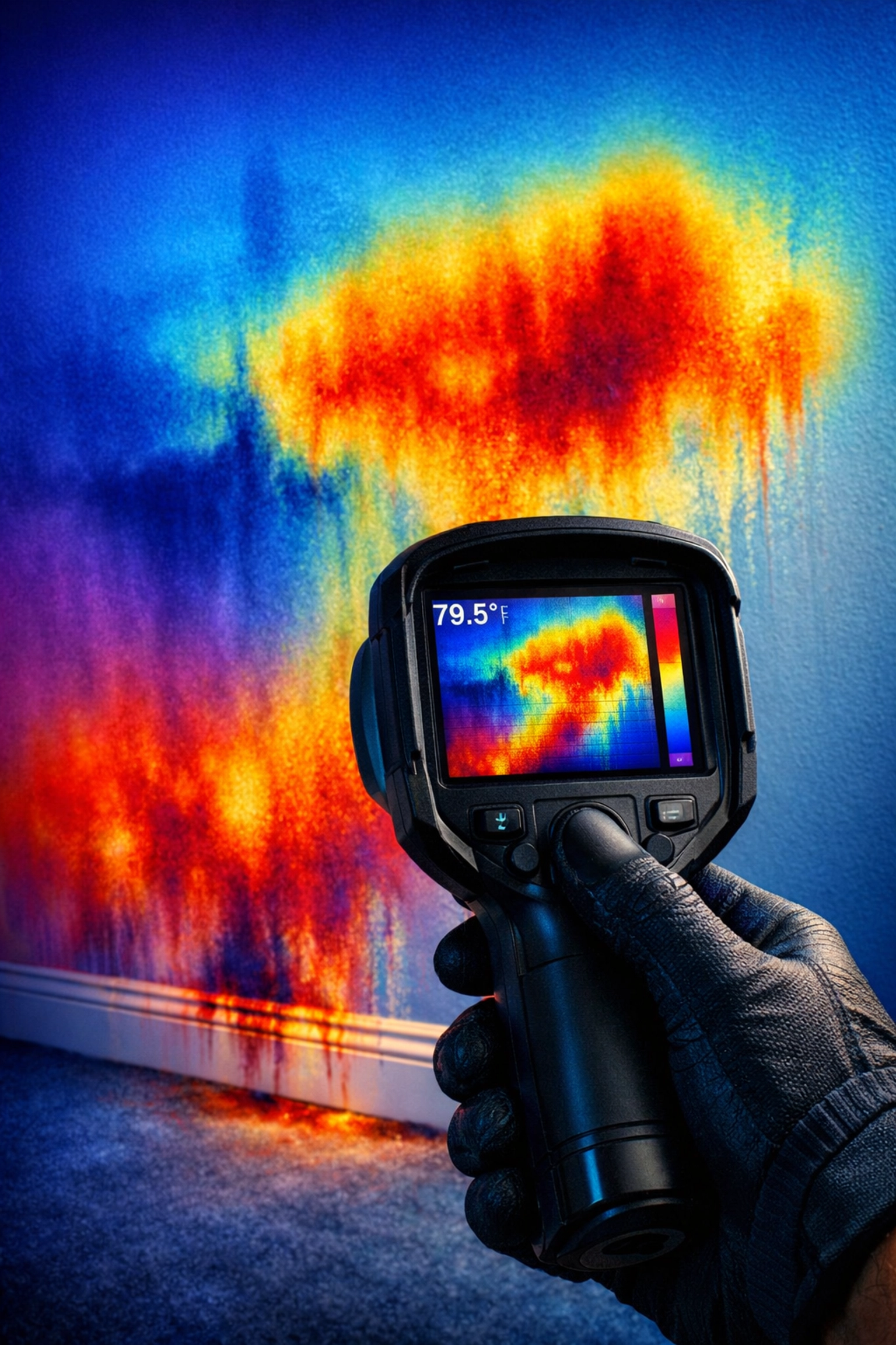 Thermal imaging camera revealing hidden water damage behind drywall in residential home