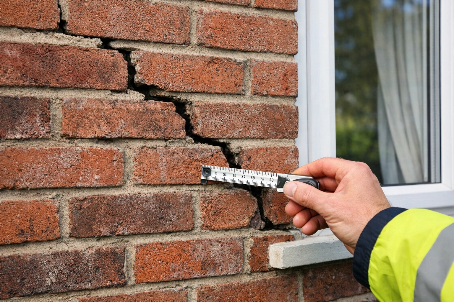 Structural movement on-site: stepped diagonal cracking in brickwork near an opening, measured for width