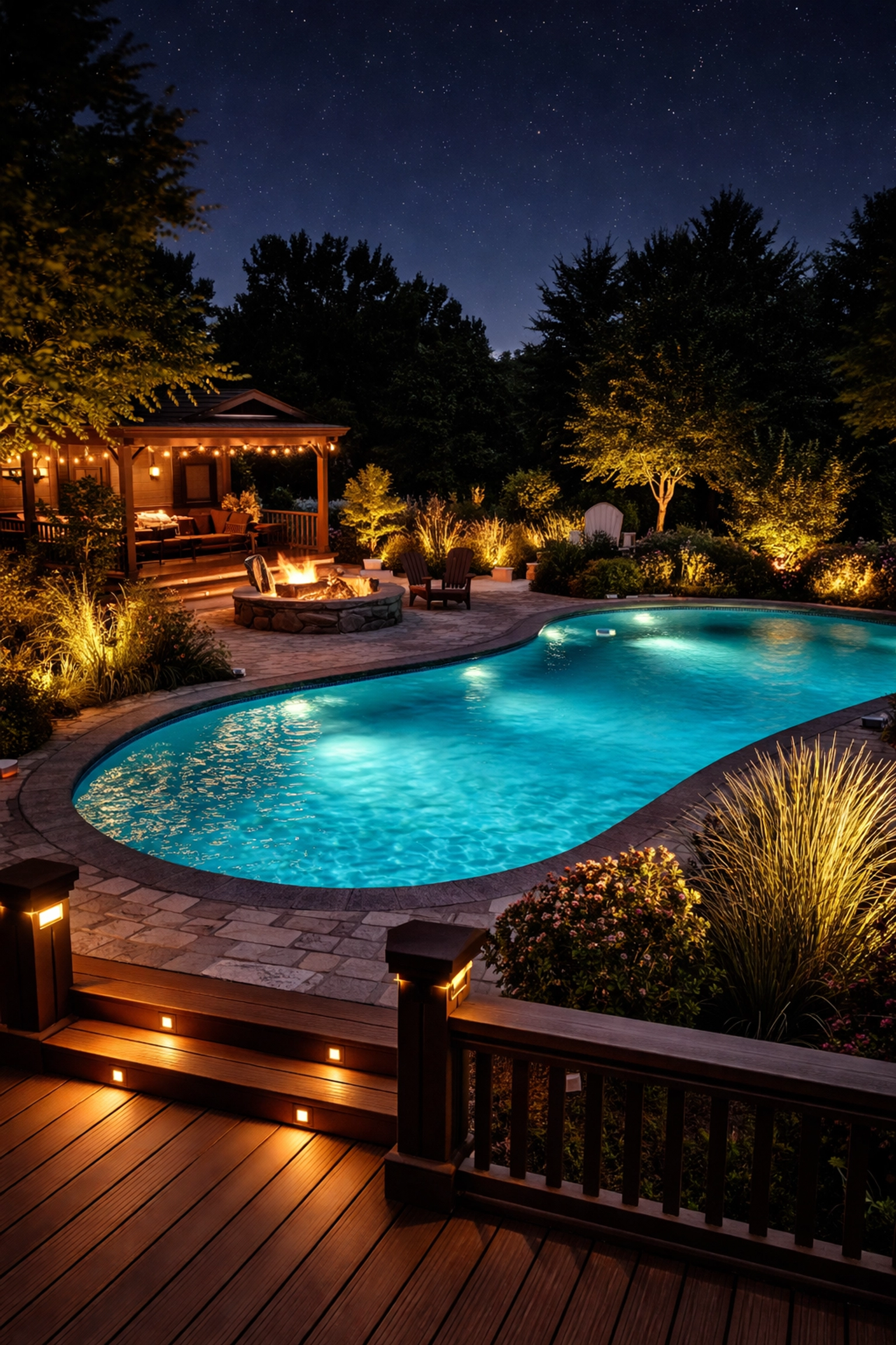 A glowing backyard pool and patio in Central Kentucky at night, featuring inviting landscape lights and a wooden deck.