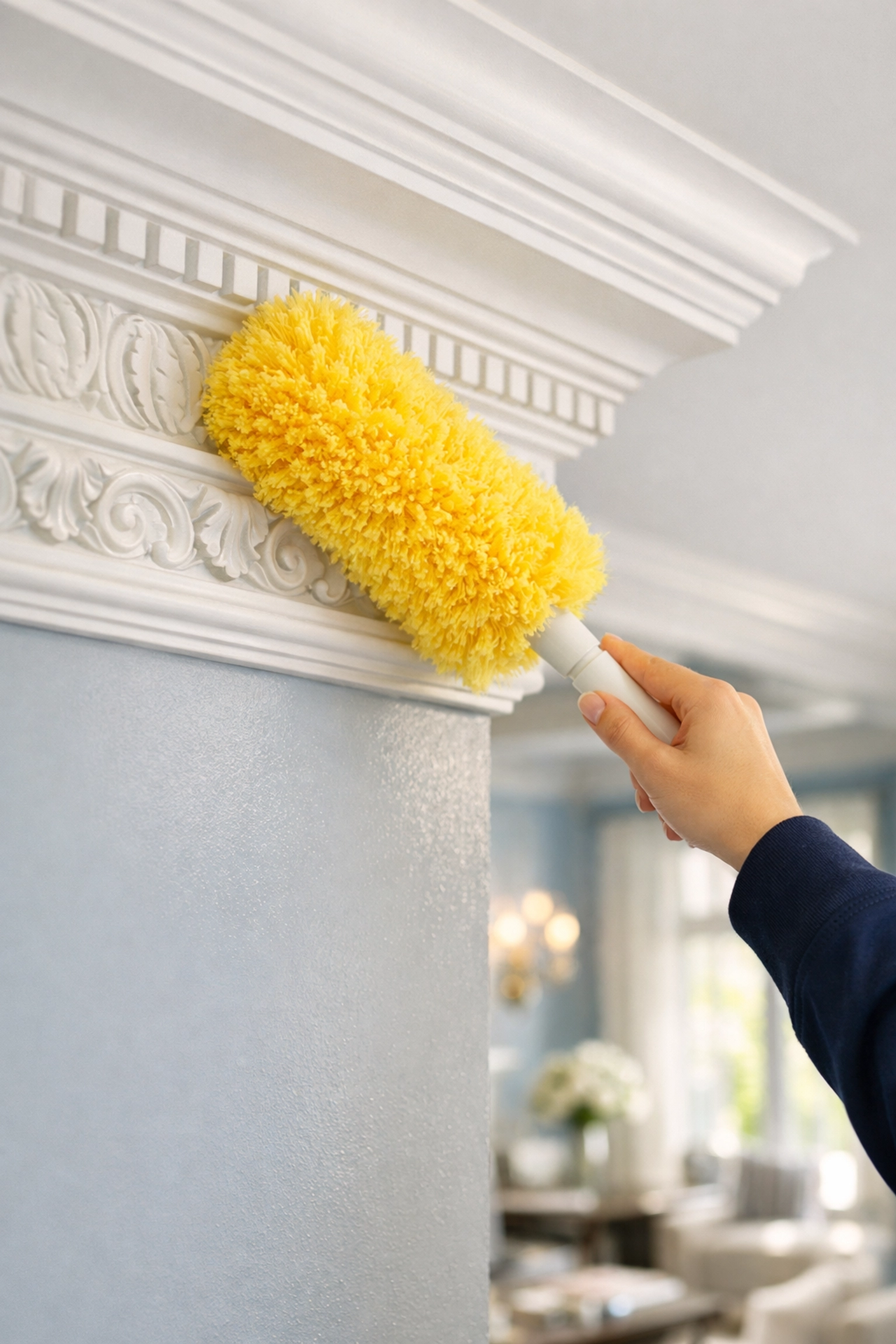 Professional cleaner dusting high-reach crown molding during a thorough deep cleaning Townsend session.