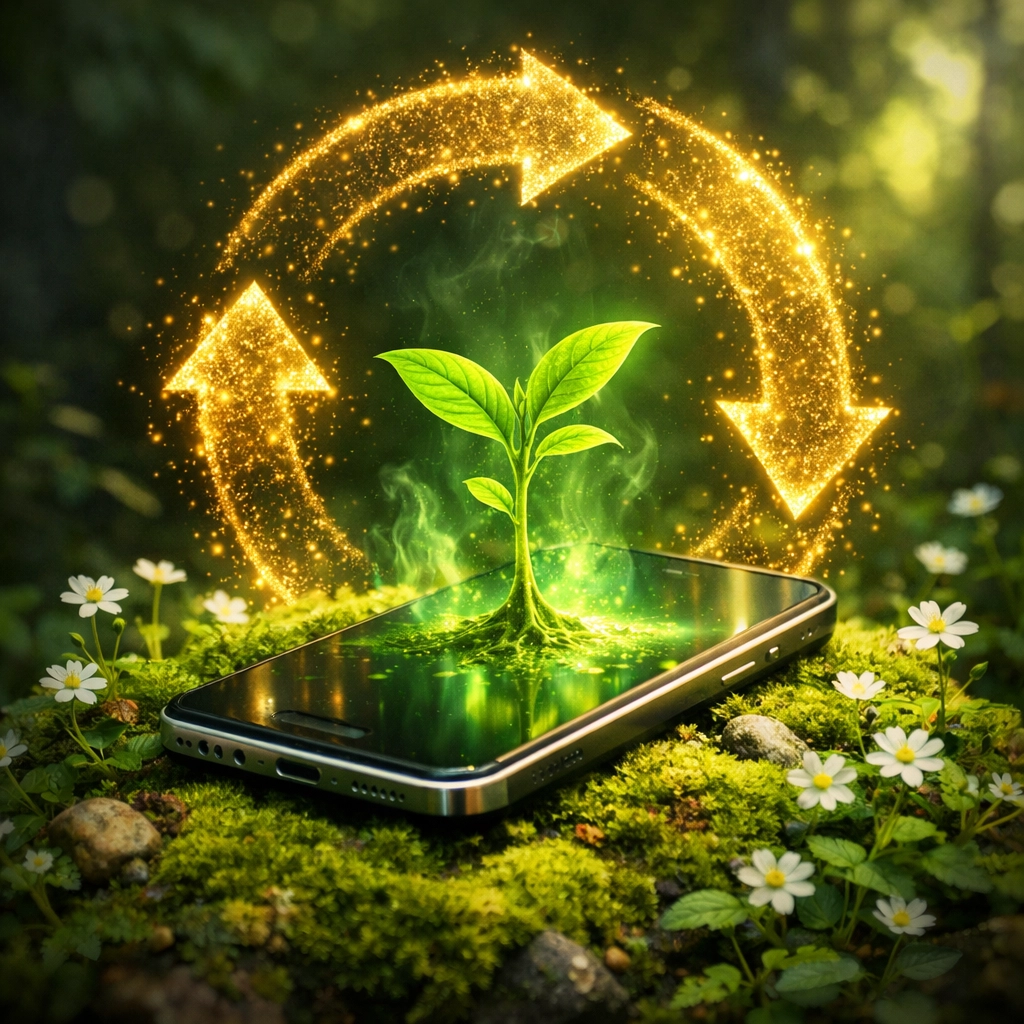 A phone in nature with a green plant growing from it, representing an eco-friendly way to trade in phones.