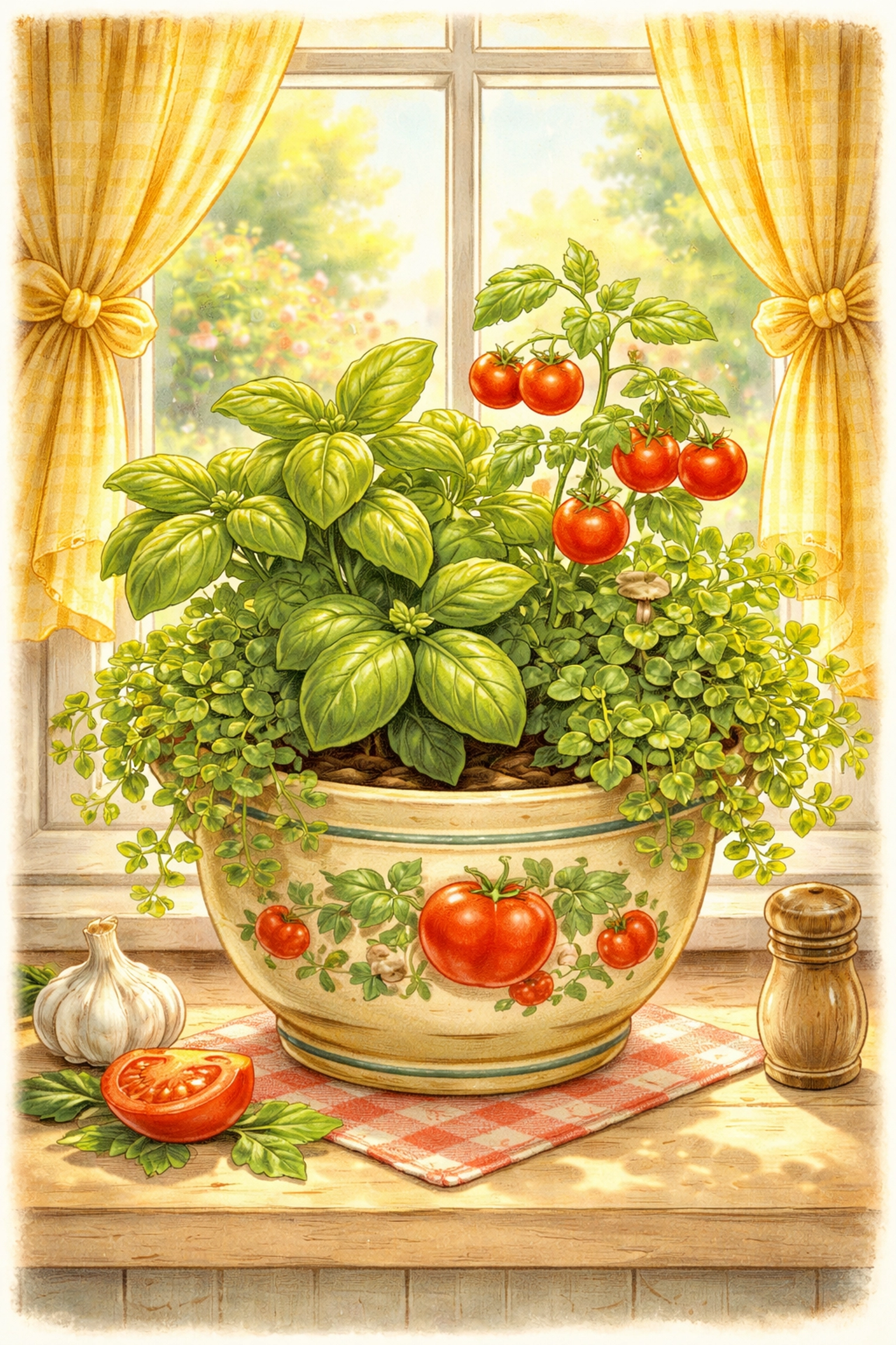A vibrant pizza topping container garden with basil, oregano, and cherry tomatoes sitting on a sunny windowsill