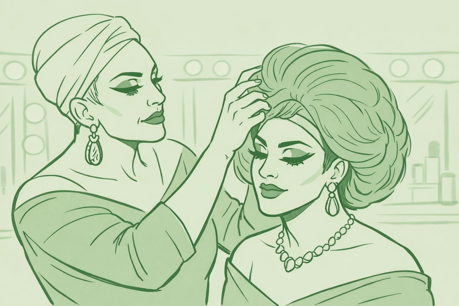 Drag mother adjusts drag daughter's wig in dressing room, showing mentorship and support in drag community