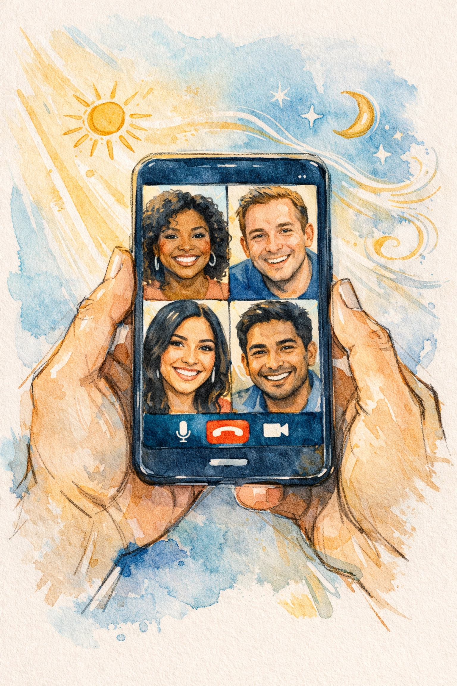 Hands holding smartphone showing video chat with diverse community members connecting online