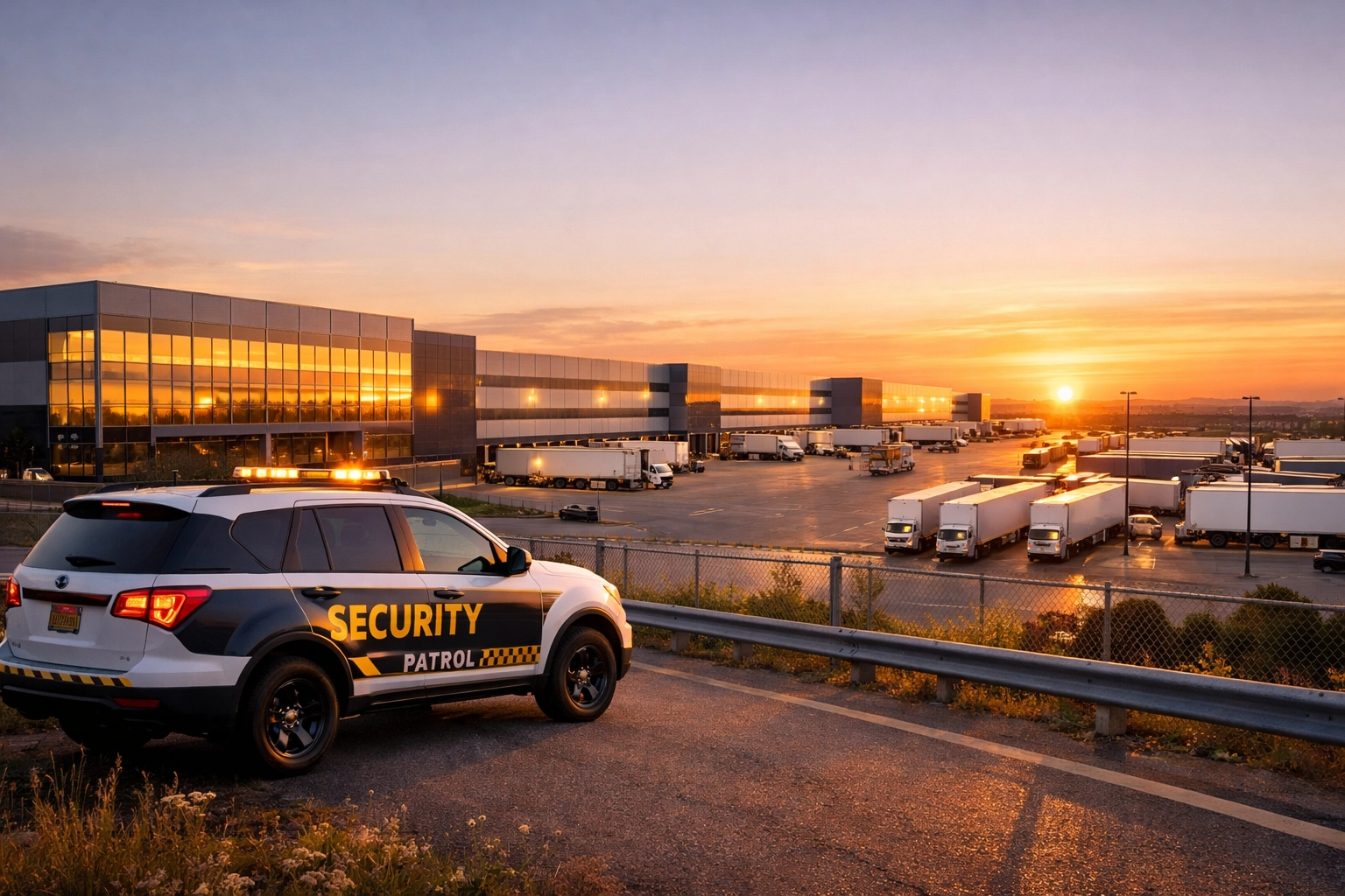 Mobile security patrol vehicle protecting a large logistics centre and warehouse facility at sunset.