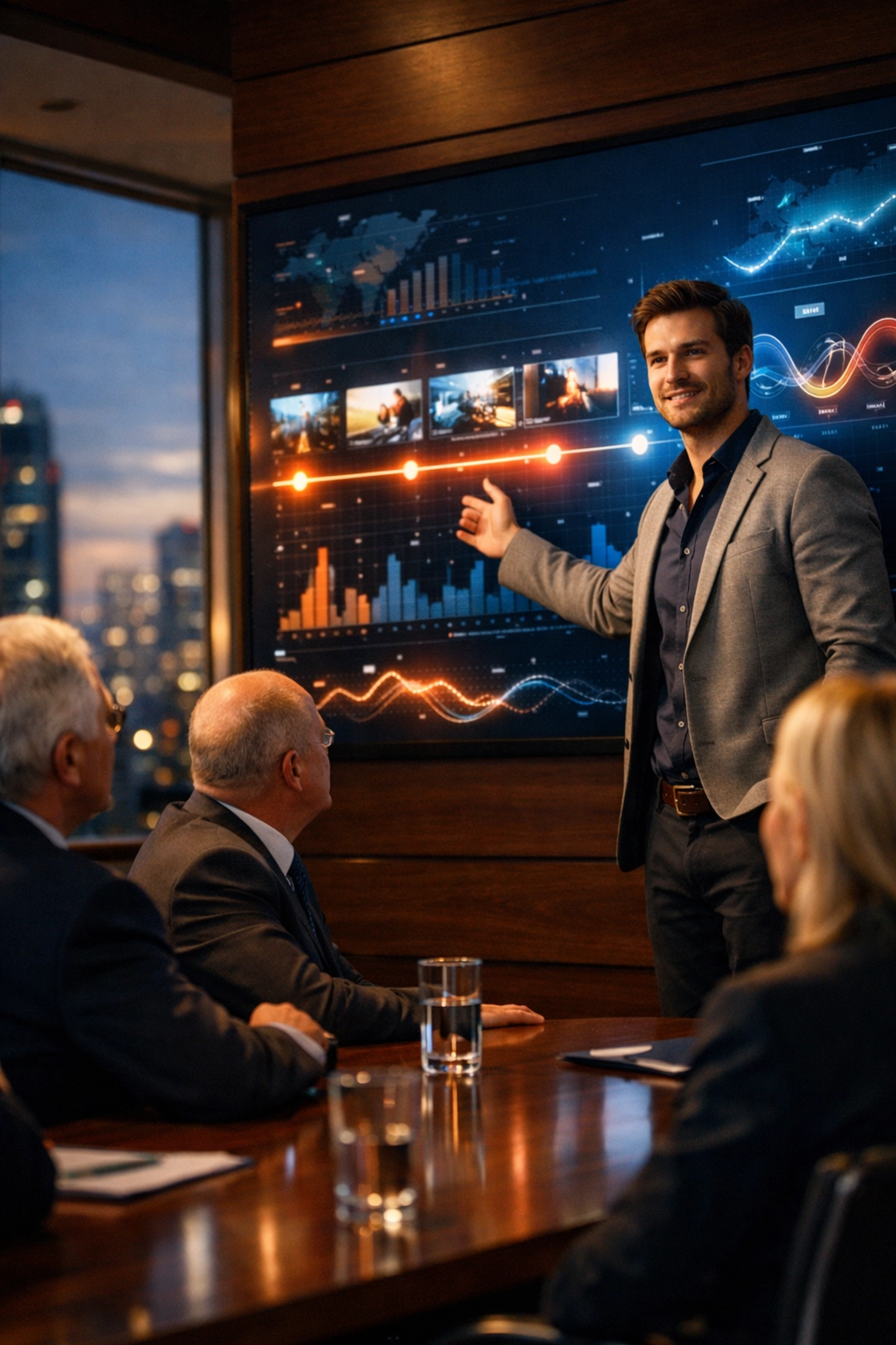 A professional presenting strategic media innovation data to executives in a modern corporate boardroom.