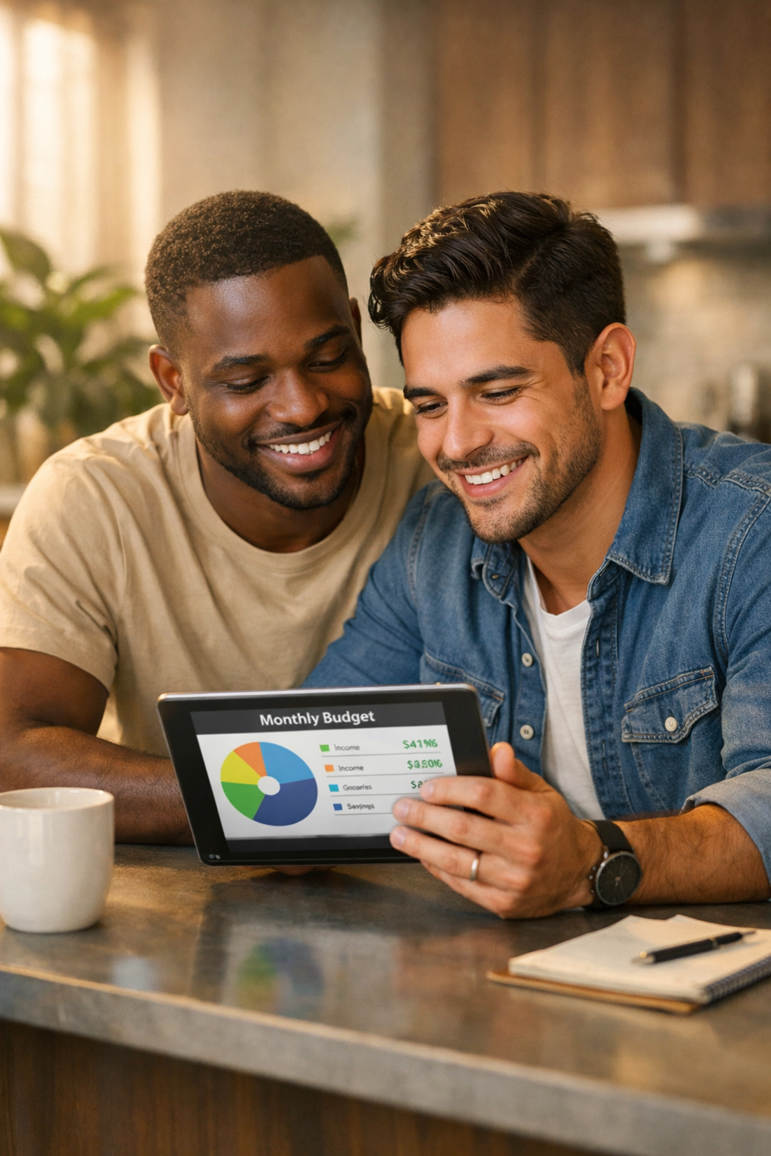 Diverse gay male couple smiles while reviewing their shared financial goals and monthly budget on a tablet.
