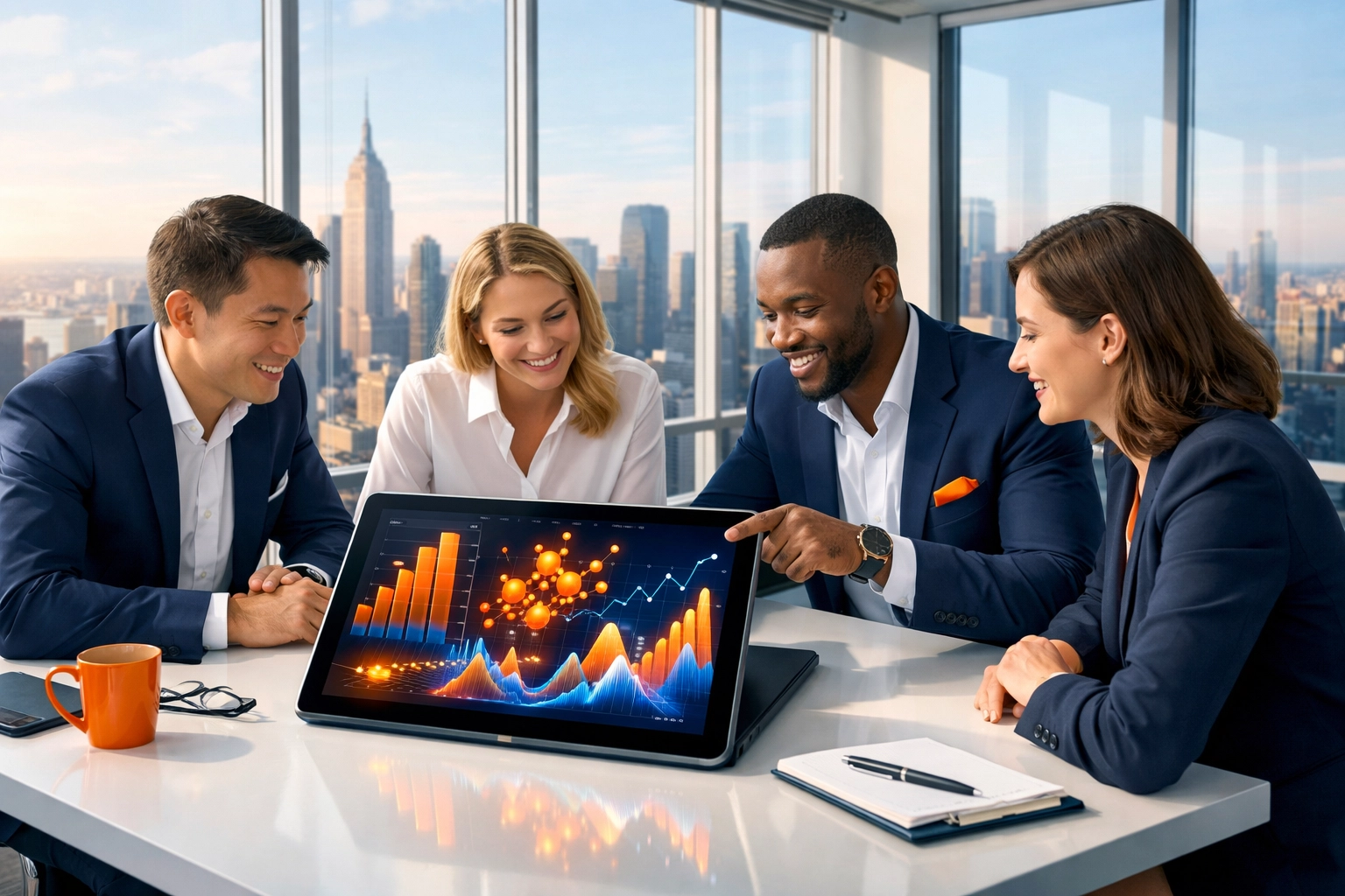 Business team reviewing strategic social media growth data and engagement ROI on a digital tablet.