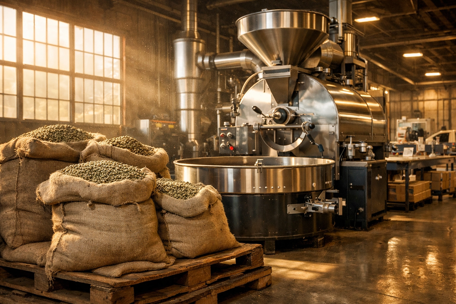 Modern commercial coffee roasting facility with a stainless steel roaster and sacks of green coffee beans.