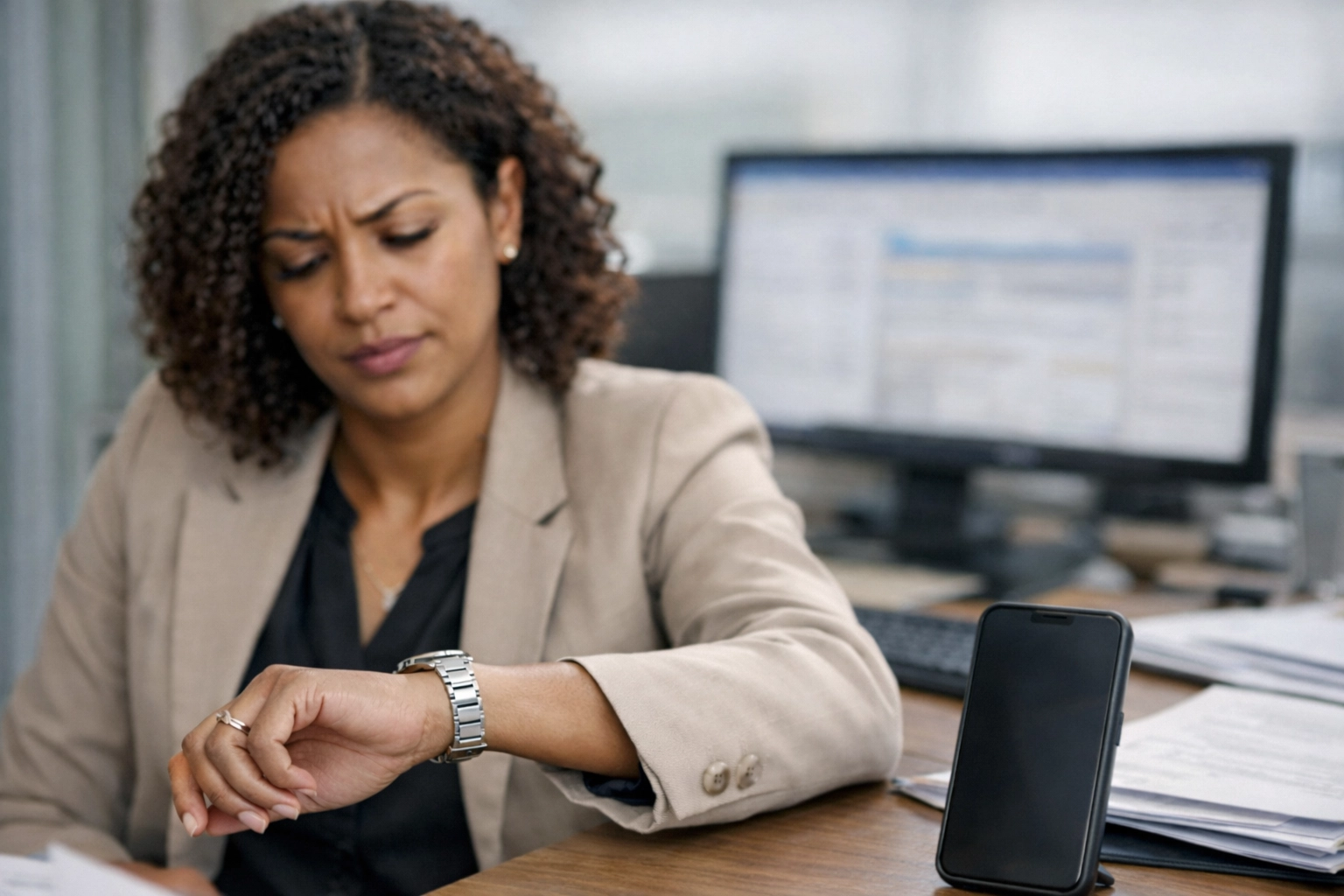 Business professional receiving unexpected cold call during busy workday at office desk
