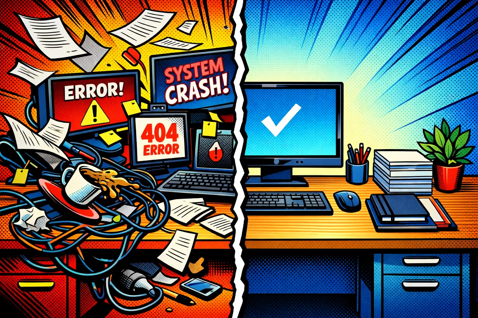 Chaotic desk transforming to organized workspace showing AI business automation before and after