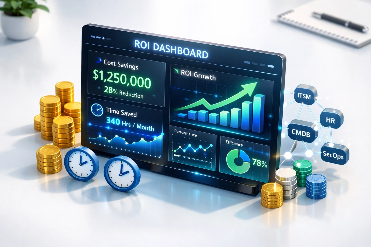 ServiceNow ROI dashboard displaying cost savings metrics and data visualizations
