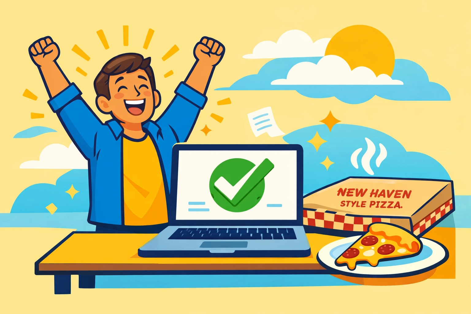 Relieved taxpayer celebrating a successful tax filing in New Haven before the 2026 deadline.