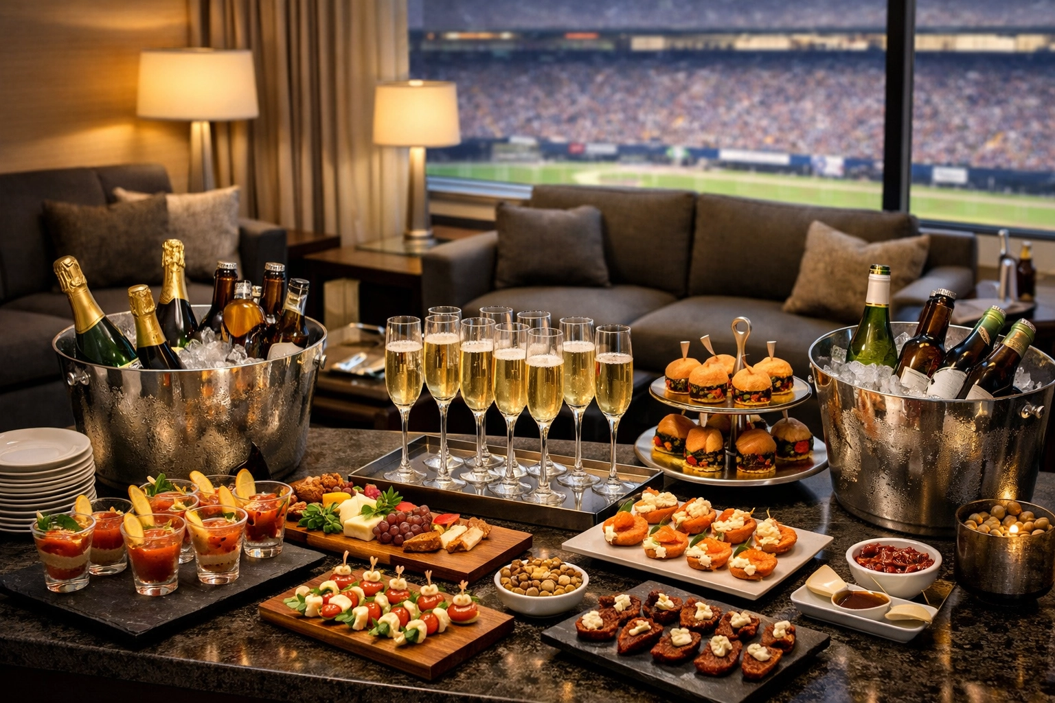 The Ultimate Guide to Executive Sports Event Hosting: Turn the Super Bowl Into Your Biggest Business Win Premium catering and hospitality setup in luxury Super Bowl suite for corporate clients