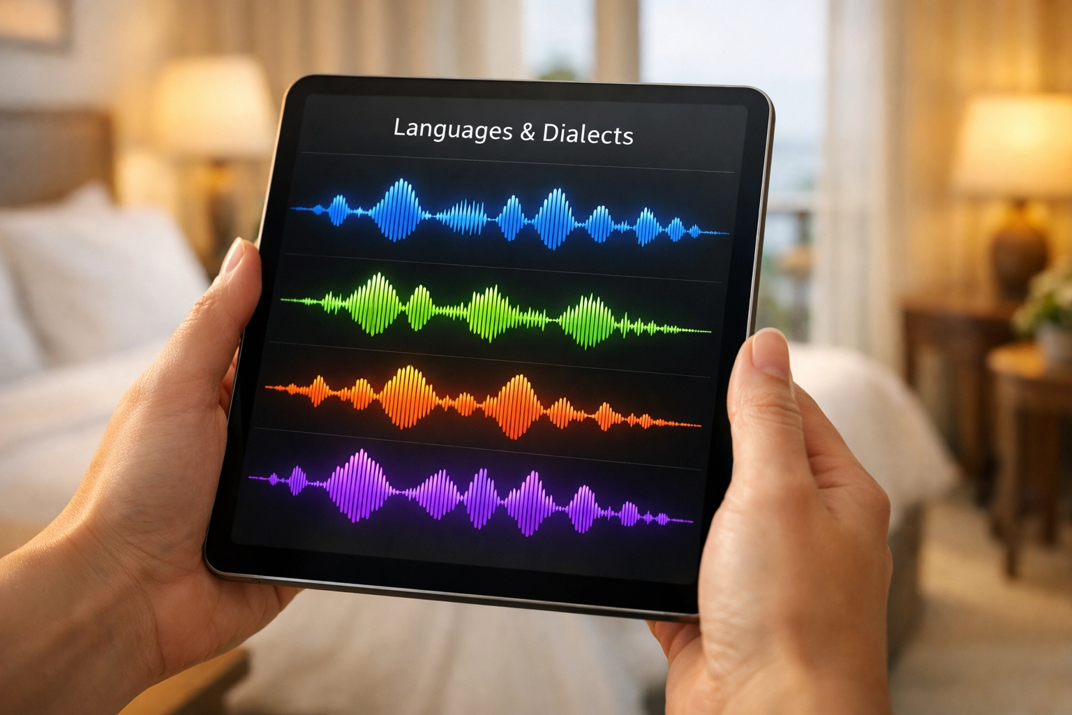 Voice AI sound wave visualization showing multiple language dialects on mobile device