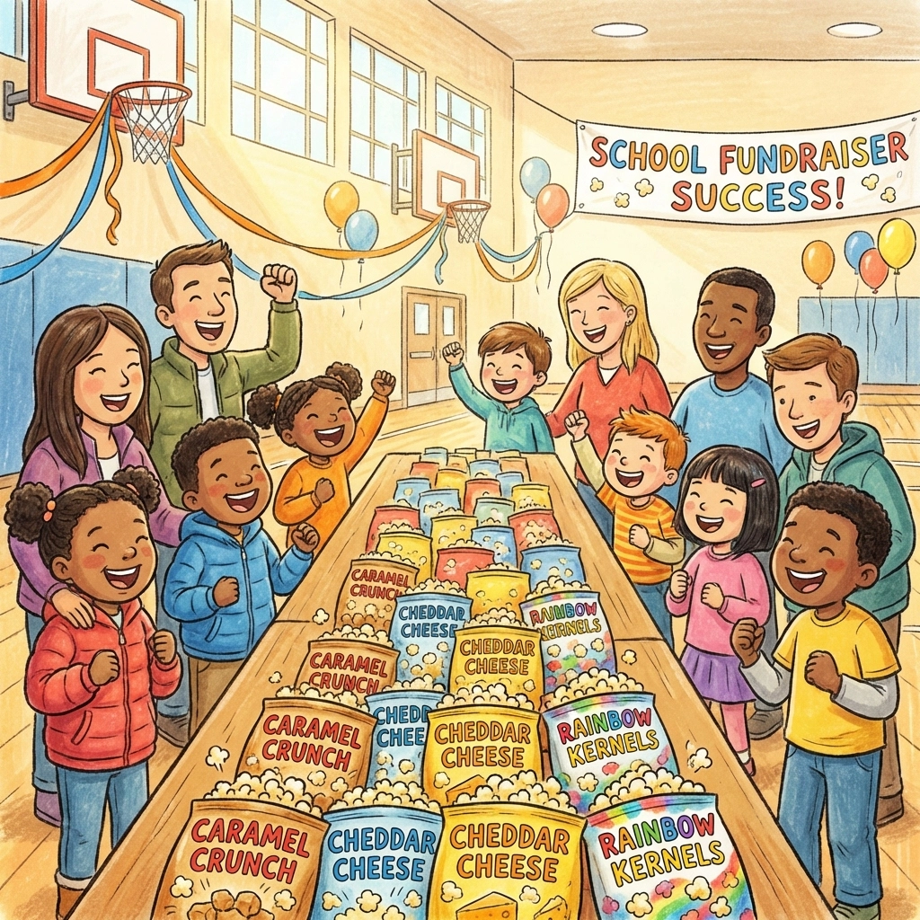 Children and parents celebrating a successful gourmet popcorn fundraiser with colourful bags of kettle corn in a lively school gym.