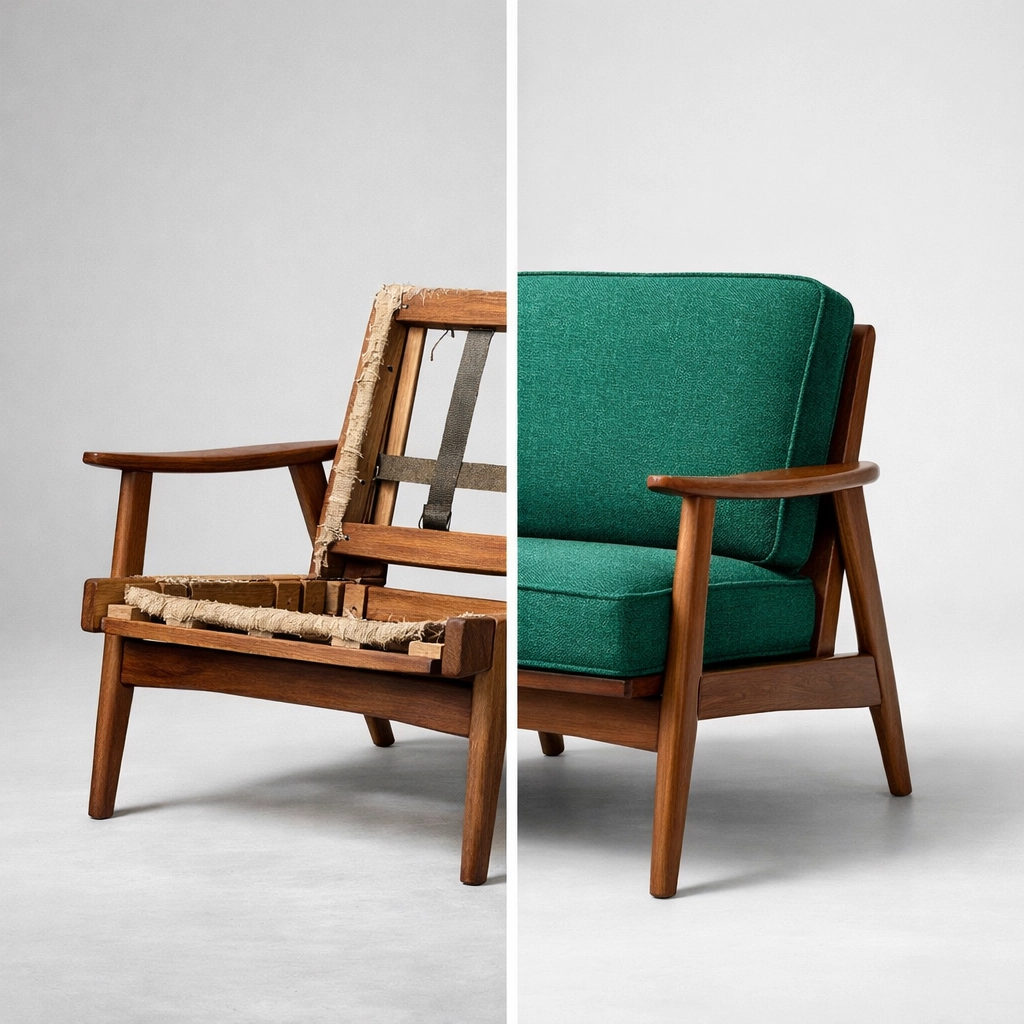 Before and after furniture refurbishment showing a restored hospitality chair with emerald green fabric.