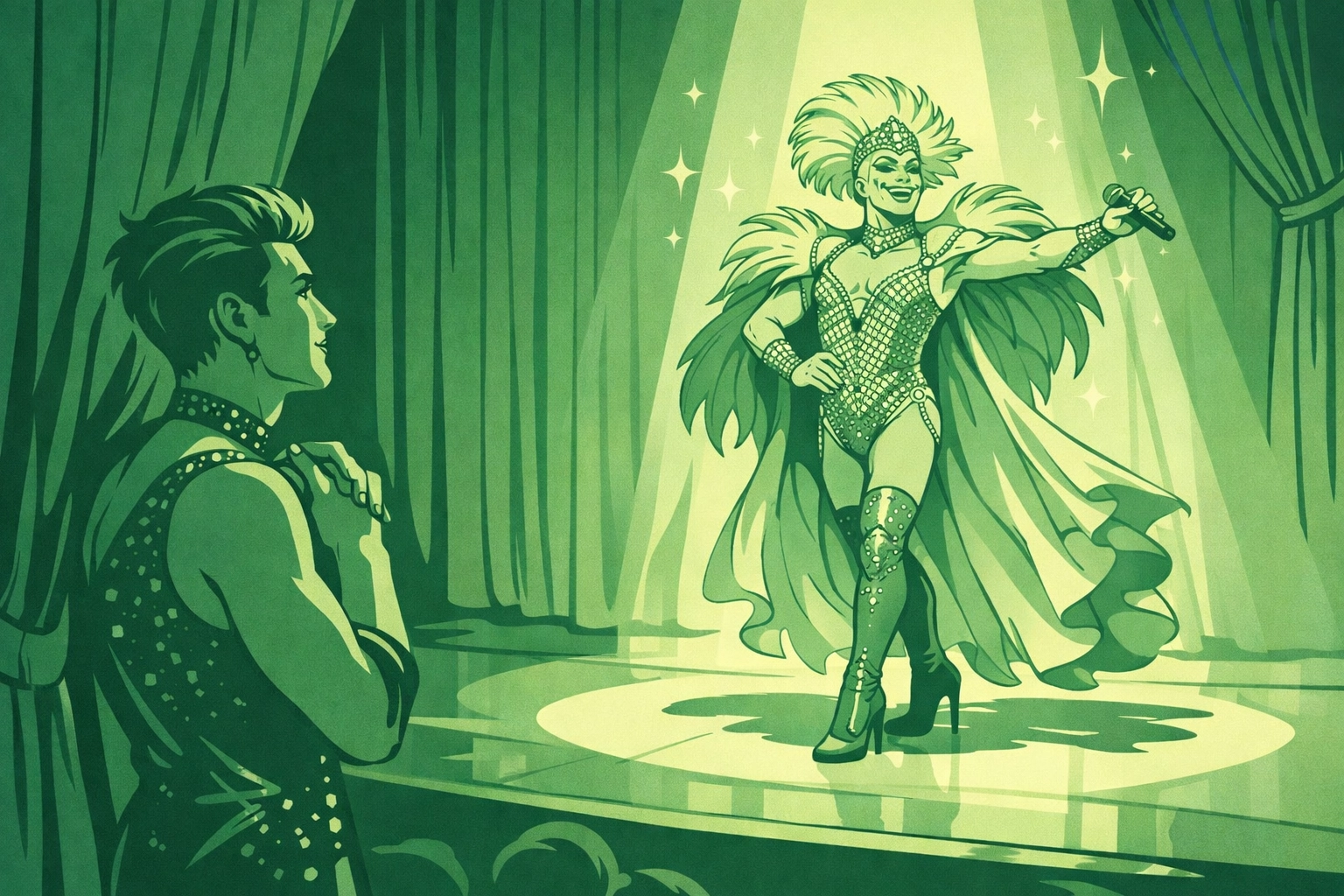 Experienced drag performer commands stage while mentee watches from wings, learning performance skills