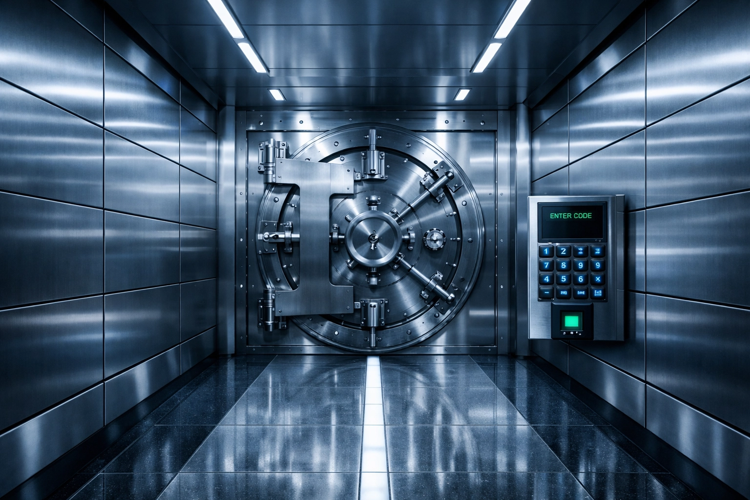 Clean and secure bank vault corridor in Springfield showcasing professional janitorial maintenance.