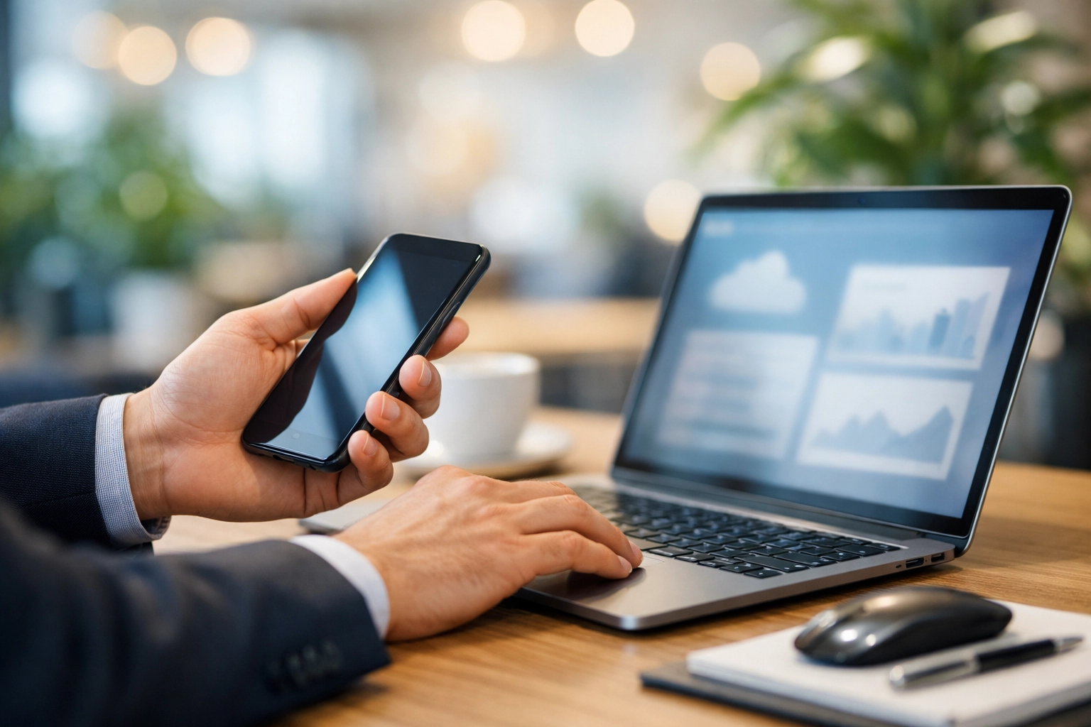 Modern business owner using cloud-based technology and mobile apps to manage a high-tech payroll franchise.