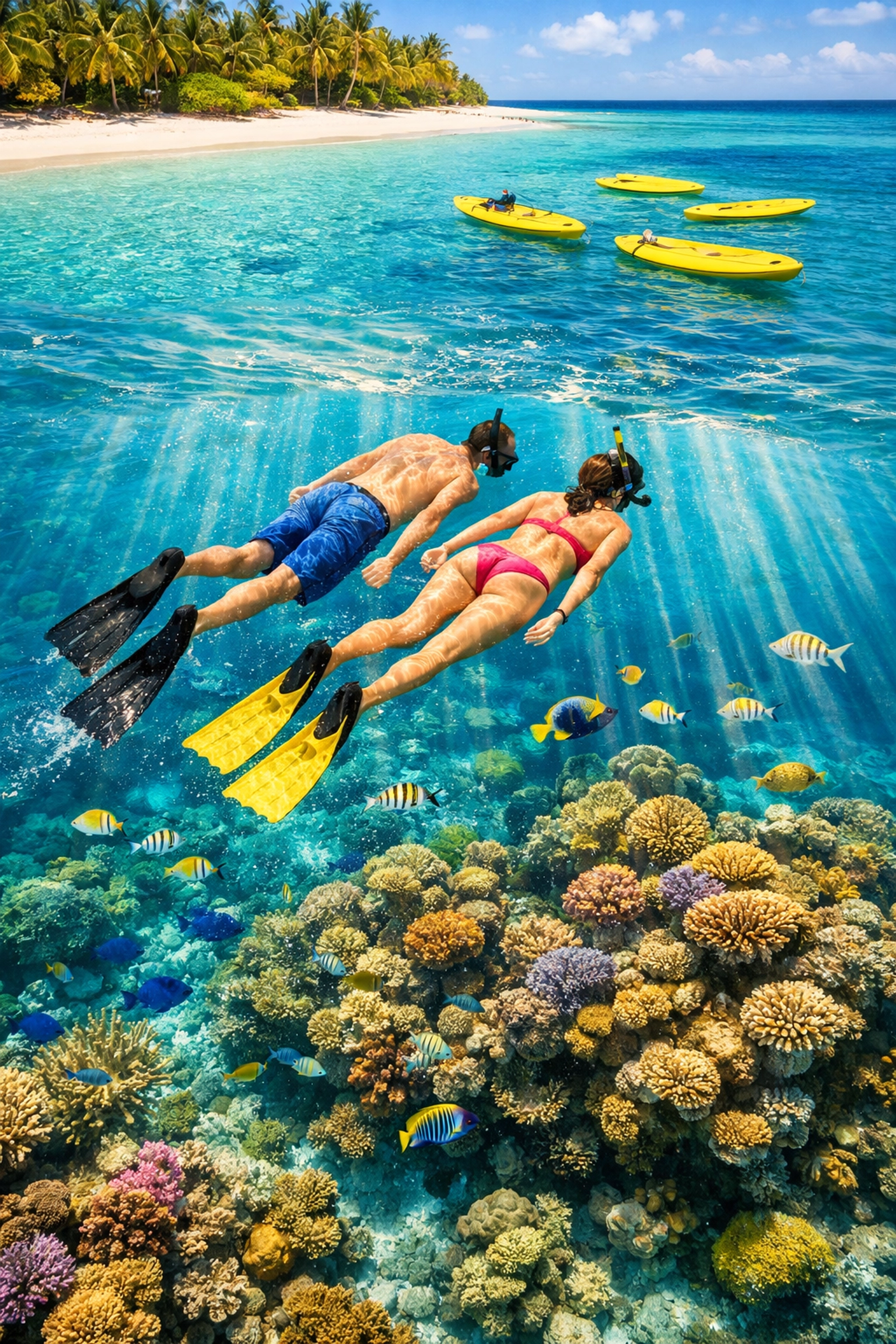 Couple snorkeling in clear Caribbean waters with included water sports at all-inclusive resort