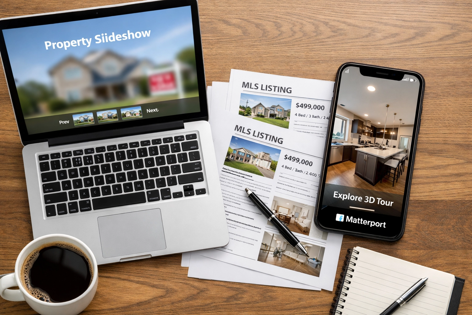Real estate agent desk comparing slideshow marketing to premium Matterport 3D tour