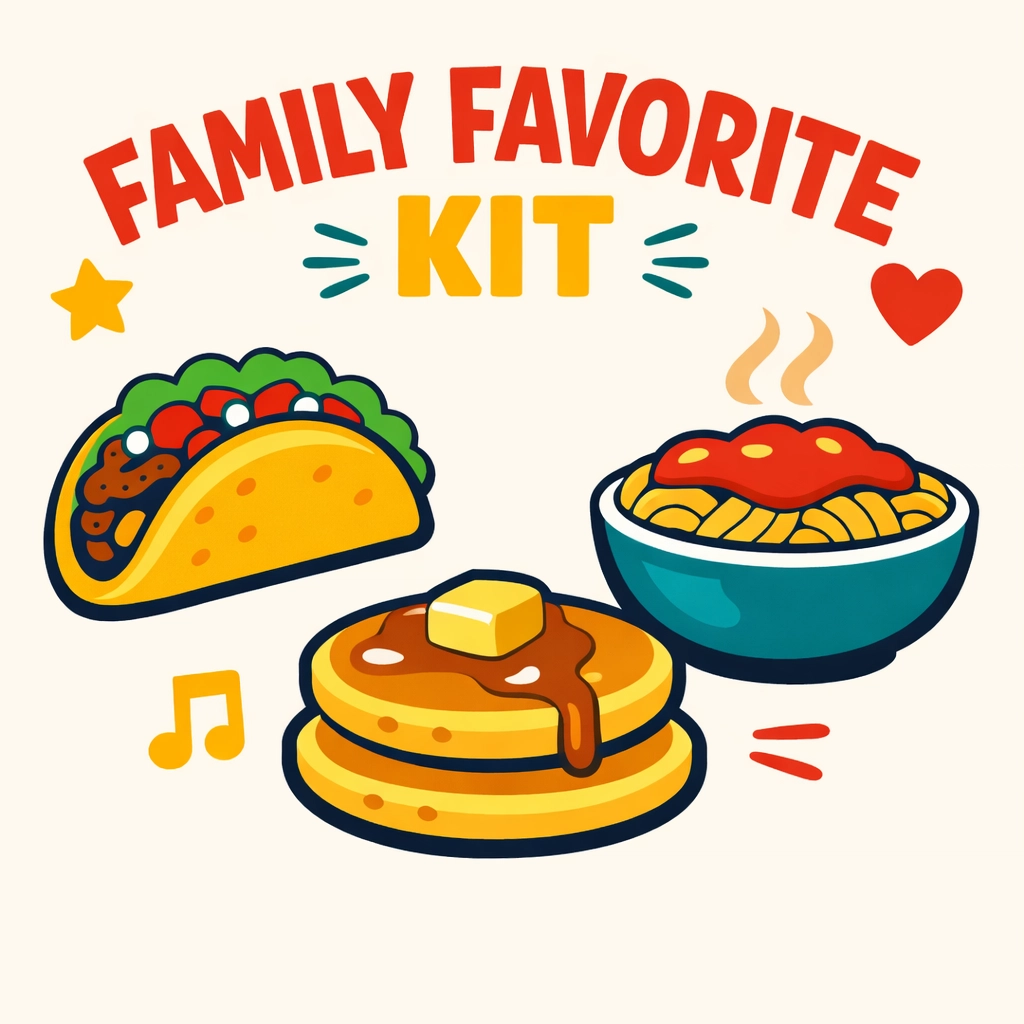Illustration of family favorites like tacos and pasta for a quick and healthy meal plan.