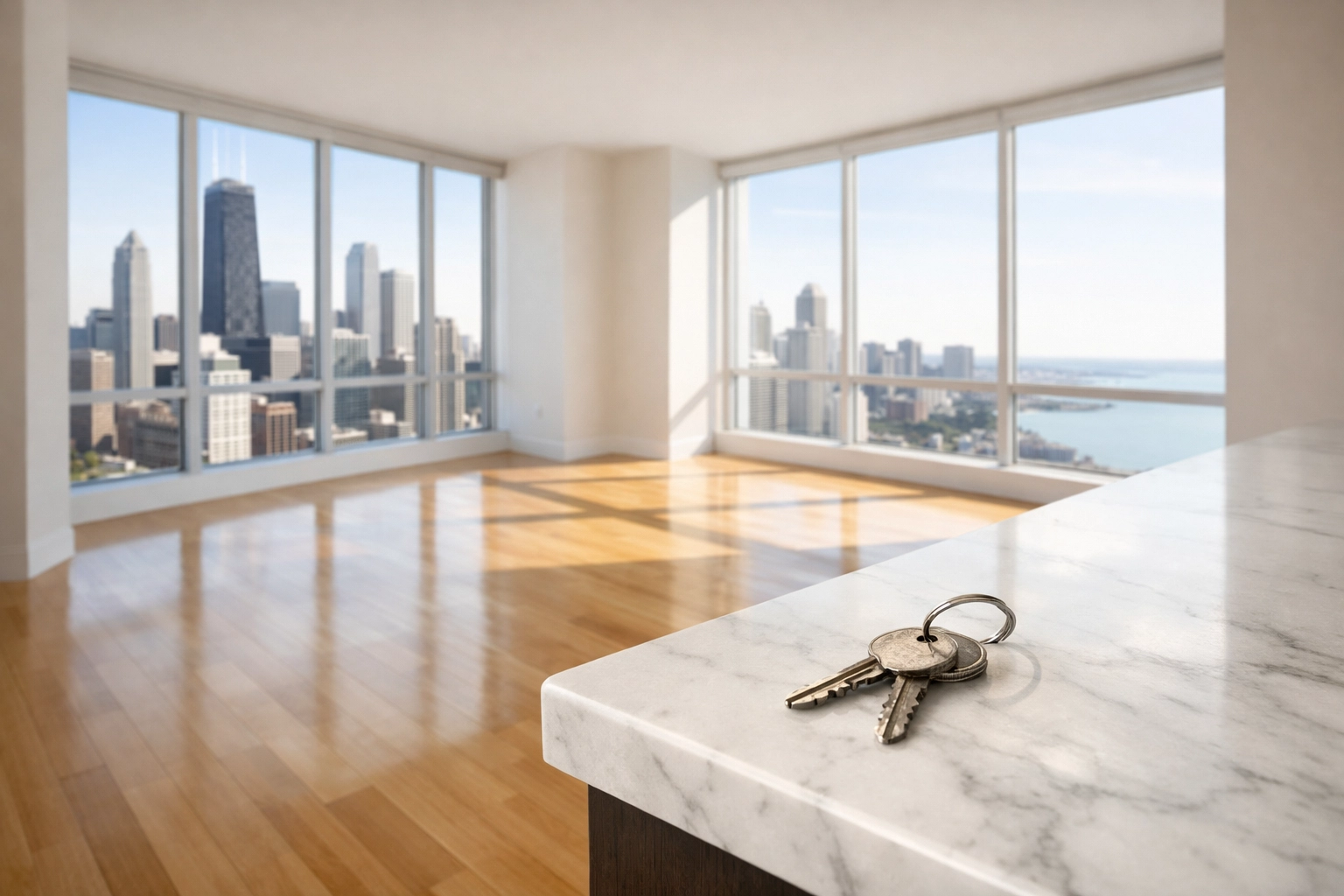 Sun-drenched modern Chicago apartment with clean wood floors and keys on a kitchen island, move-in ready.