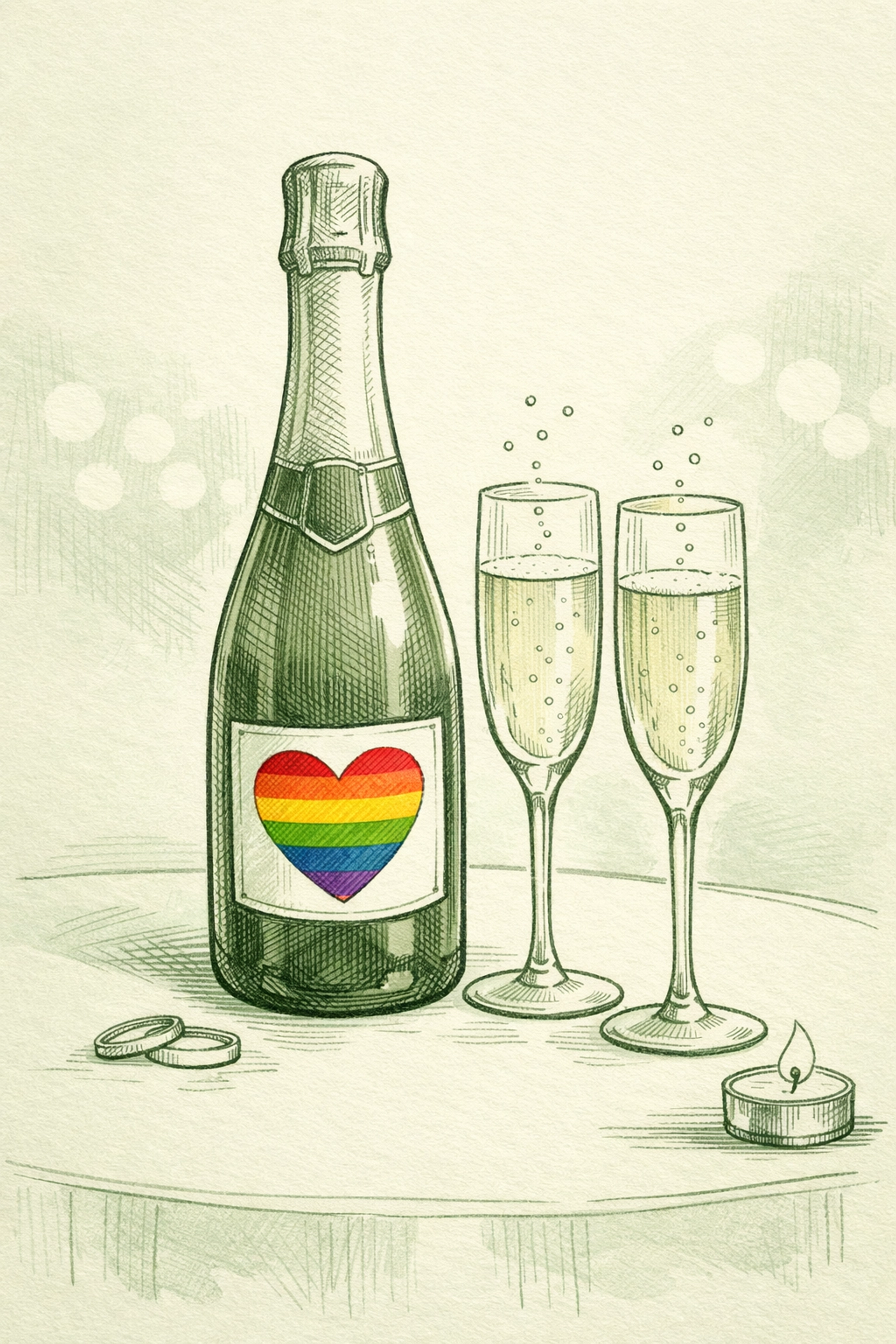 Champagne bottle with rainbow heart label for LGBTQ+ wedding celebrations