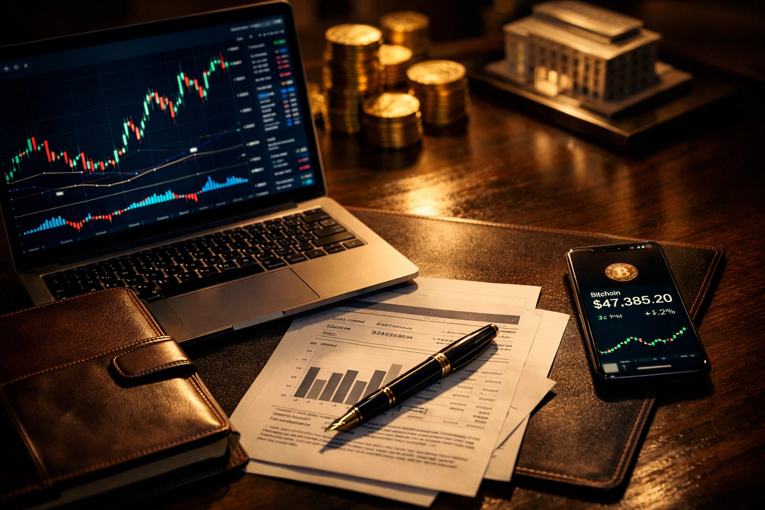 Executive desk with Bitcoin charts, financial documents, and gold for institutional investing