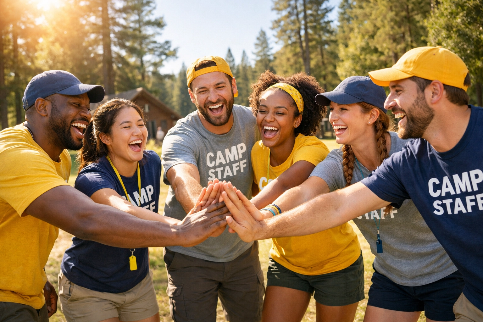 Diverse group of camp staff laughing and wearing coordinating custom t-shirts in a sunlit outdoor clearing.