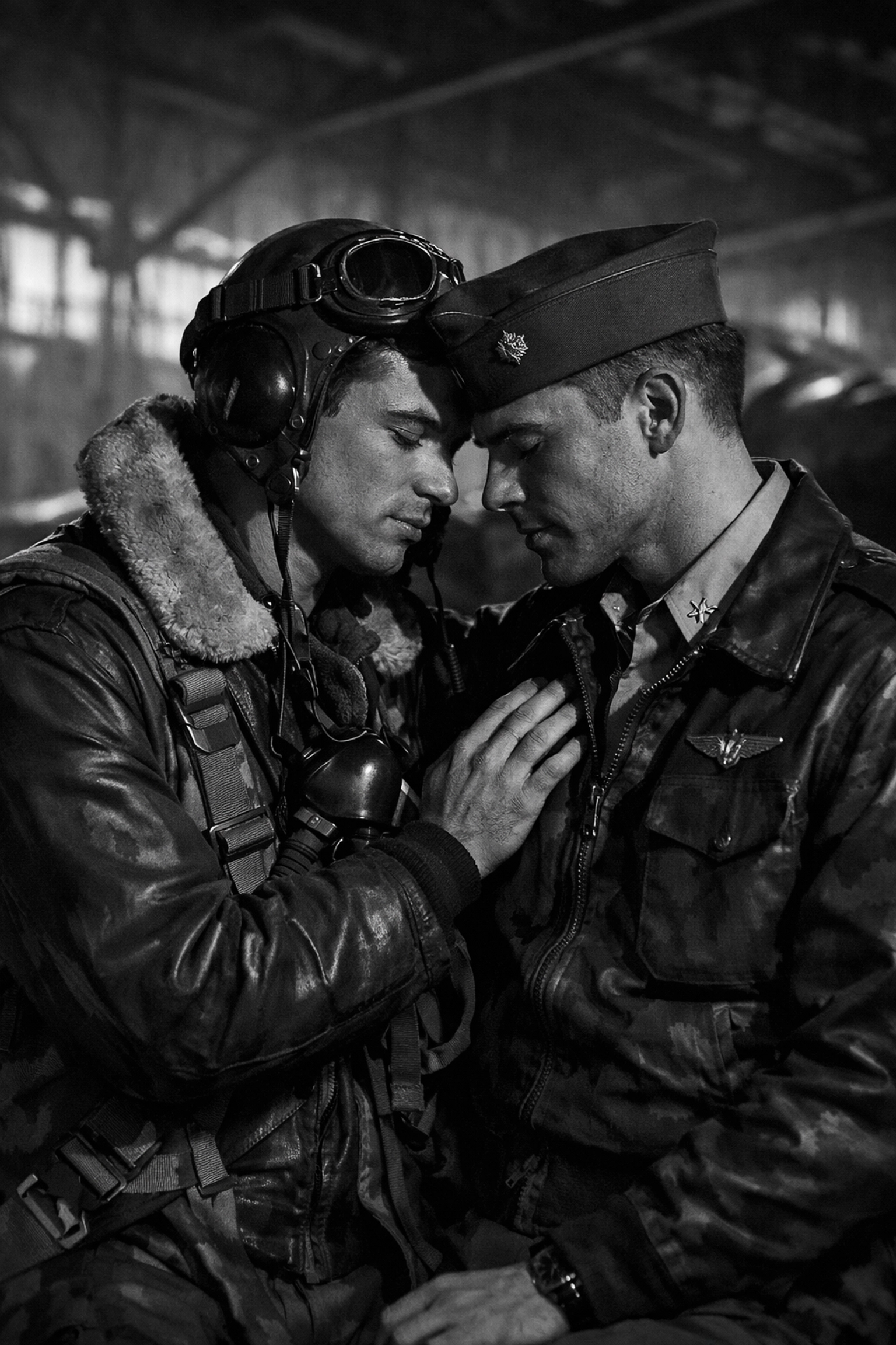Gay military pilots sharing intimate moment in 1950s aircraft hangar