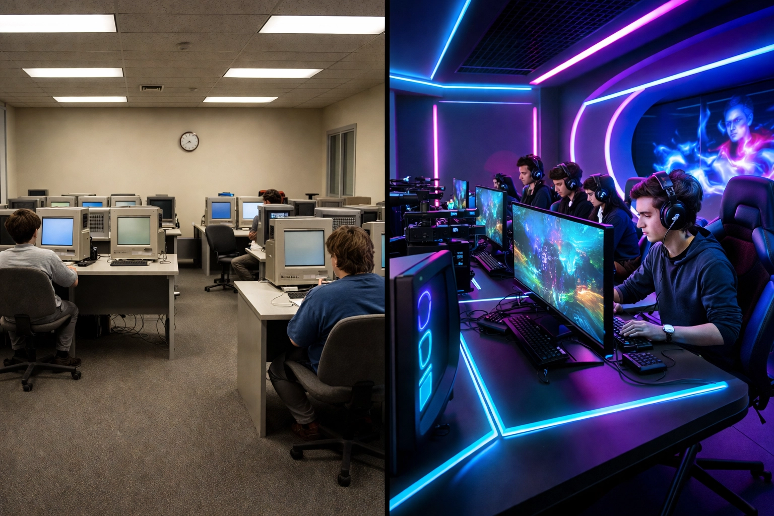Split-screen of a 1990s computer lab versus a vibrant high-tech esports classroom