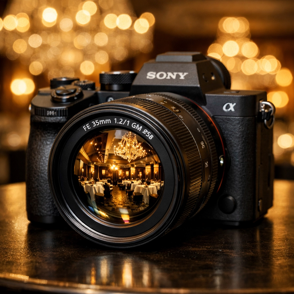 Close-up of high-end camera equipment used by professional event photographers in luxury Miami ballrooms.