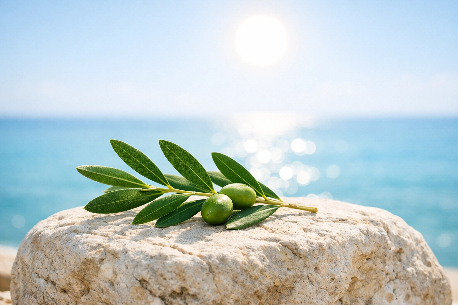 A green olive branch on a weathered stone by the sea, representing biblical peacemaking and divine wisdom.