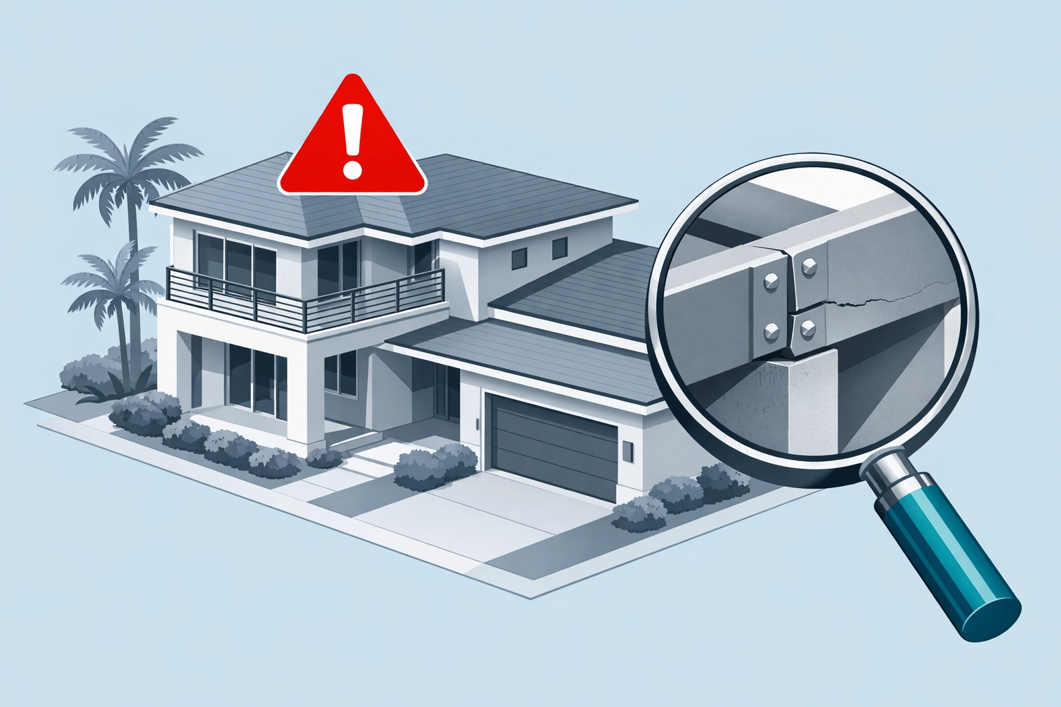 Isometric illustration of a Florida property inspection with a red alert icon indicating a building code violation.