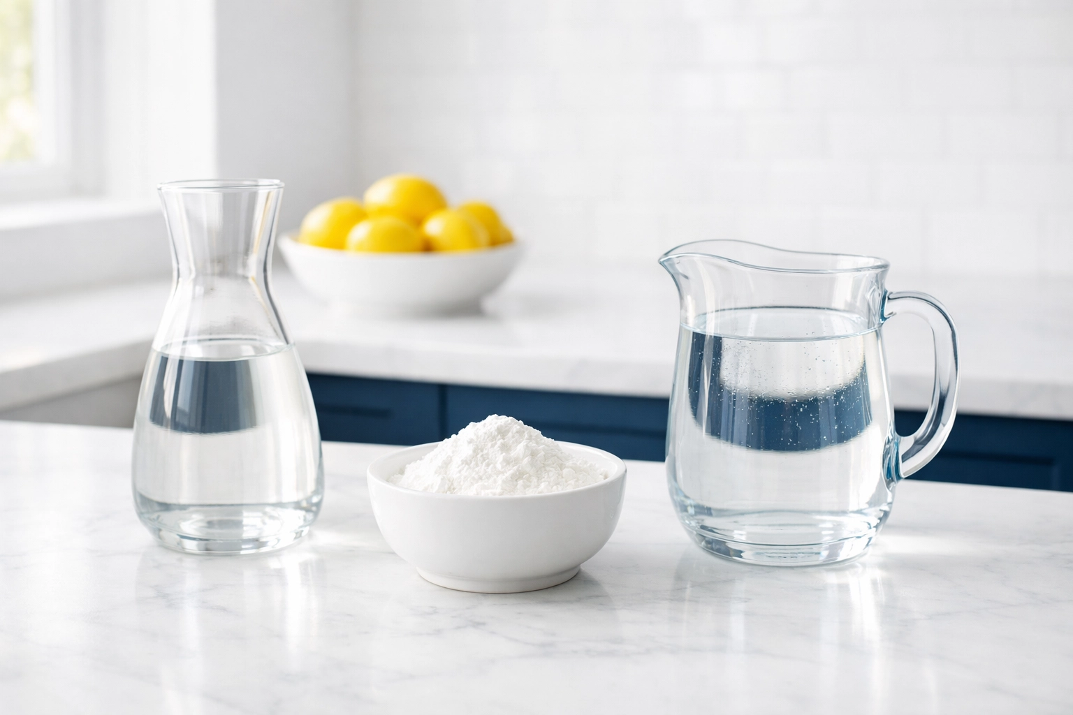 Natural DIY glass cleaner ingredients including vinegar and cornstarch on a marble countertop.