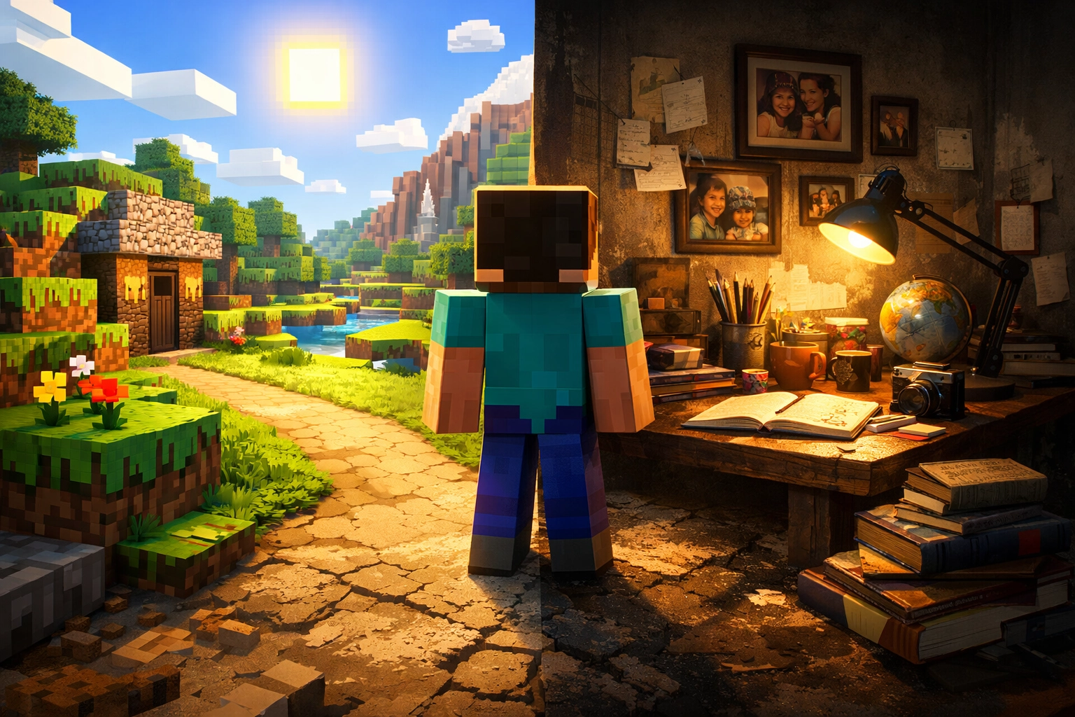 Minecraft character choosing between virtual game world and real-world purpose