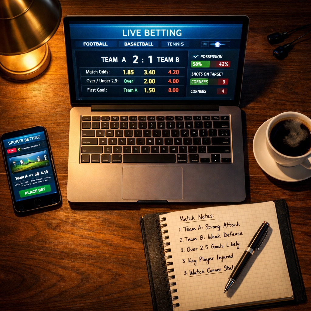 Sportwetten-Analyse mit Live-Quoten und Bundesliga-Statistiken am Laptop
