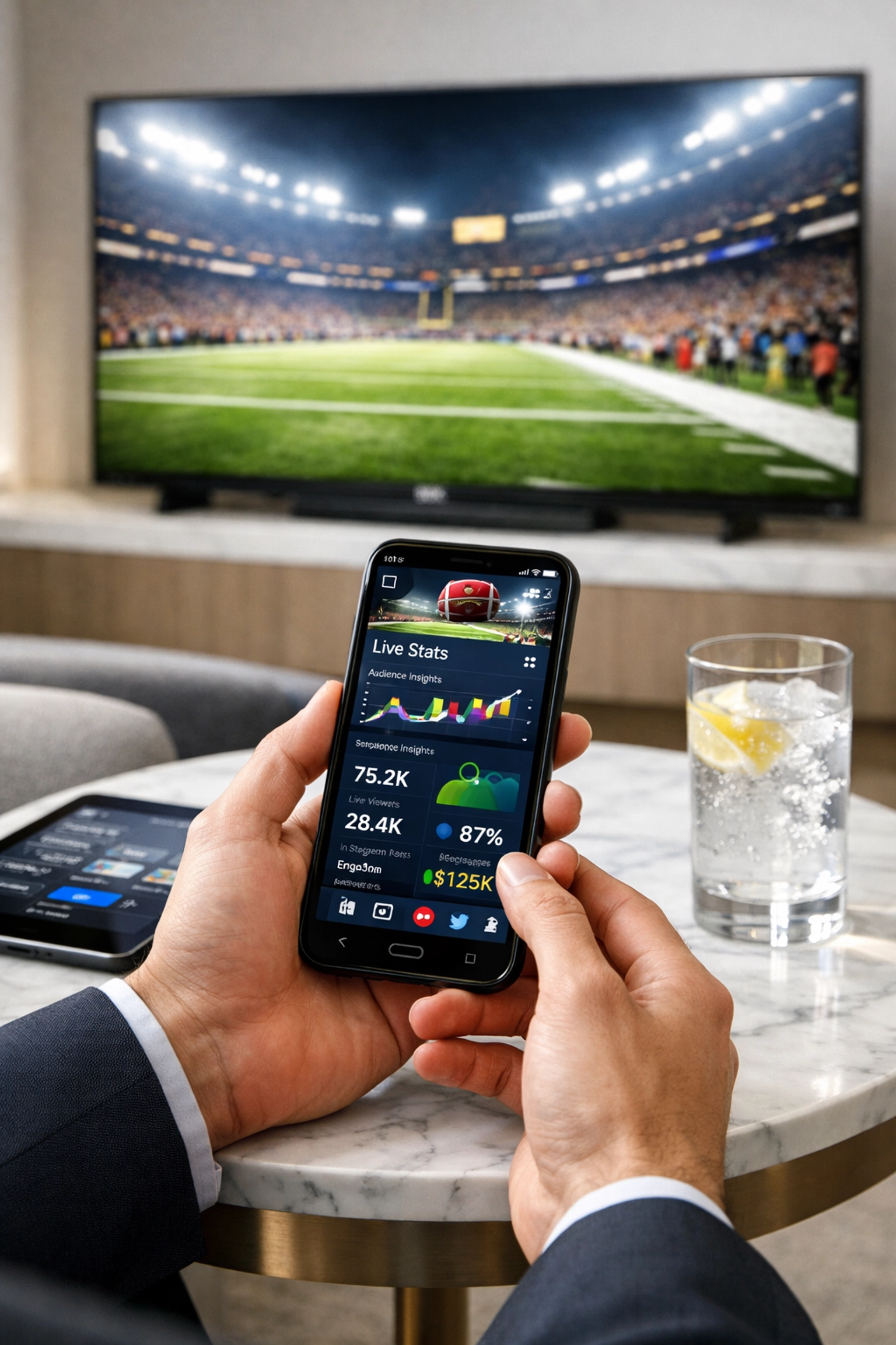 Executive using a smartphone for real-time omnichannel marketing during a major Super Bowl corporate branding event.