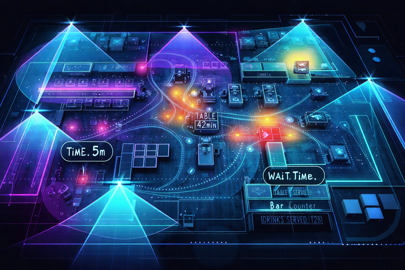 Futuristic restaurant floor plan with AI camera coverage, customer path tracking, and heat map analytics