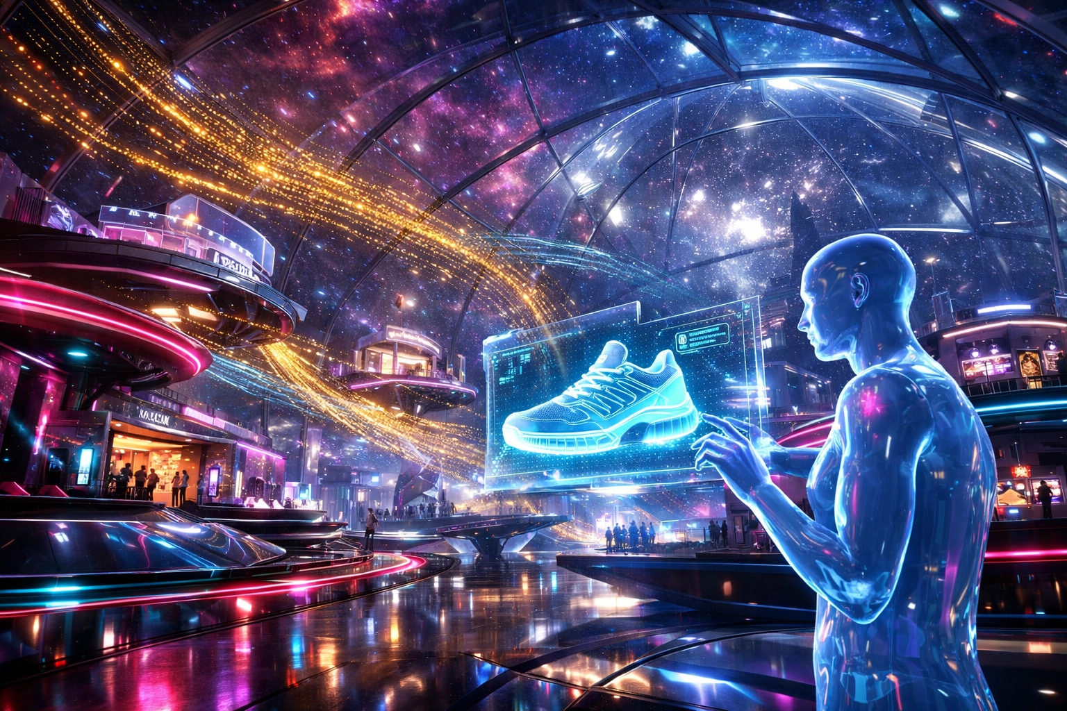 Futuristic metaverse marketplace with holographic shopping displays and digital avatars using Larecoin.ai.