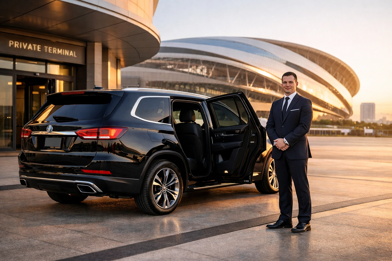 Chauffeur opening a luxury SUV door for executive guests at a modern sports stadium terminal.