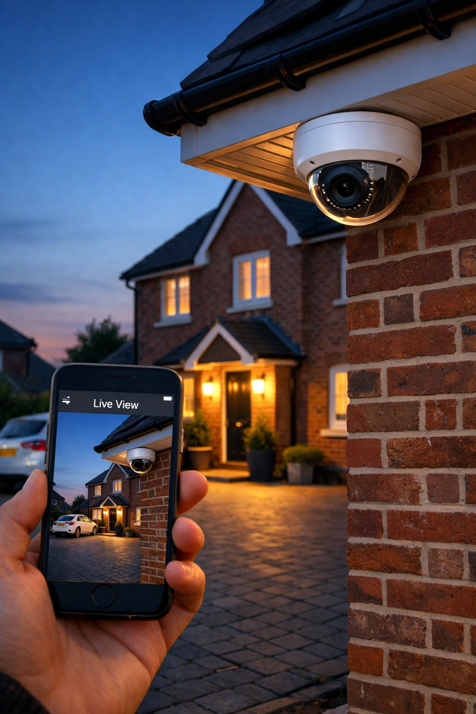 Smartphone displaying a live security feed of a Winnersh home with a professionally installed NVR IP camera system.