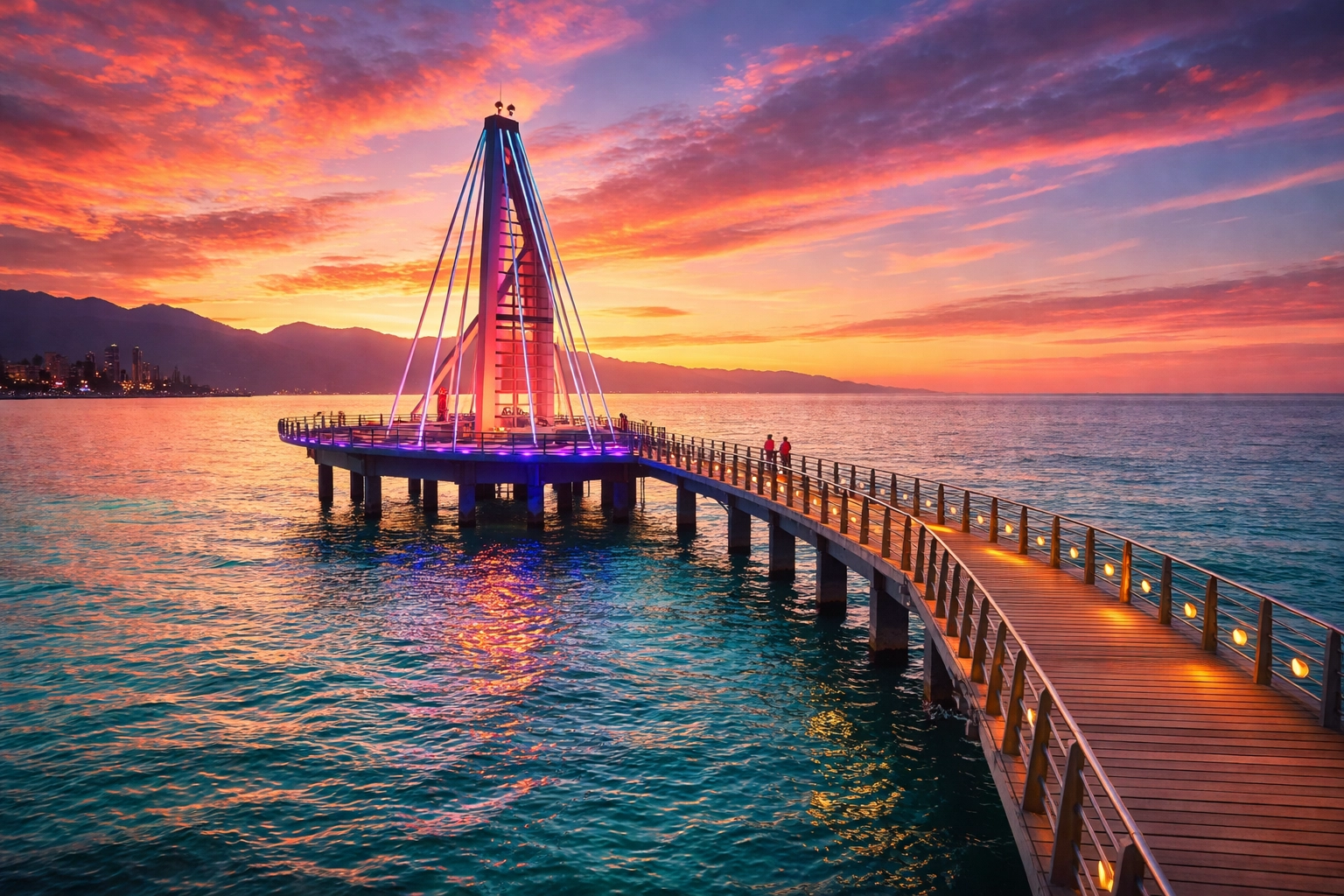 Los Muertos Pier in Puerto Vallarta at sunset with couple walking hand-in-hand along the oceanfront